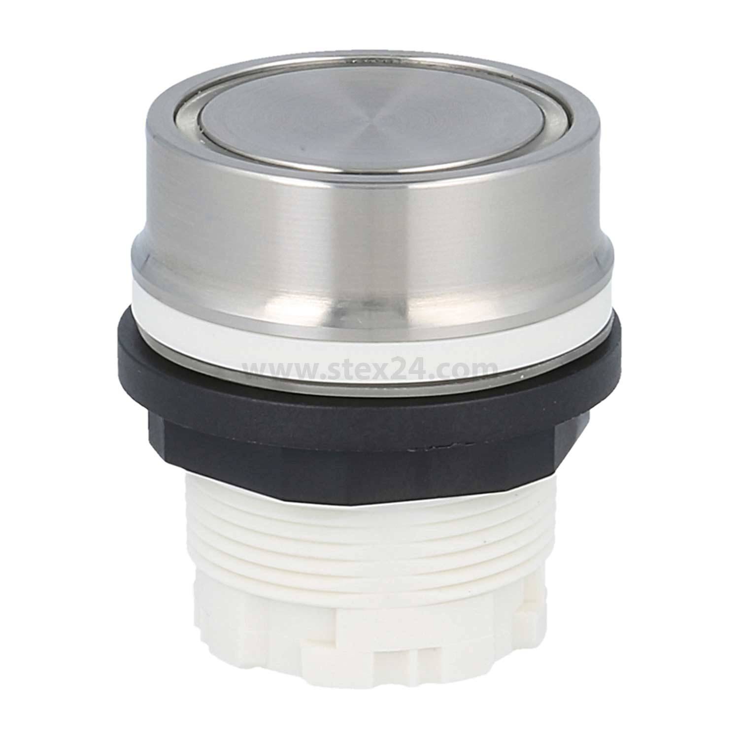 Runder Edelstahl-Drucktaster mit schwarzen und weißen Montageteilen.