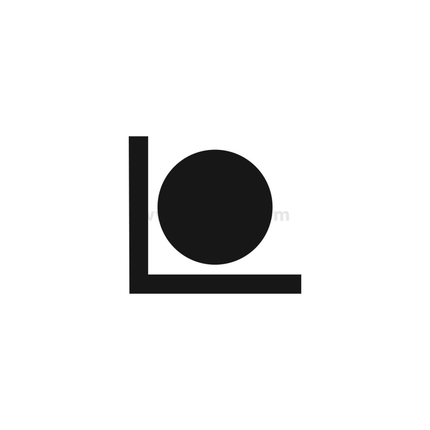 Ein massiver schwarzer Kreis innerhalb einer schwarzen L-förmigen Ecke auf weißem Hintergrund.