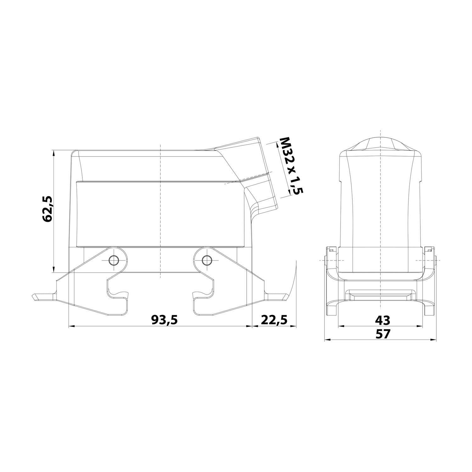 Technische Zeichnung eines Geräts mit Abmessungen: Linke Ansicht zeigt Höhe 62,5, Länge 93,5 und Breite 22,5; Vorderansicht zeigt Breite 57 und Höhe 43.