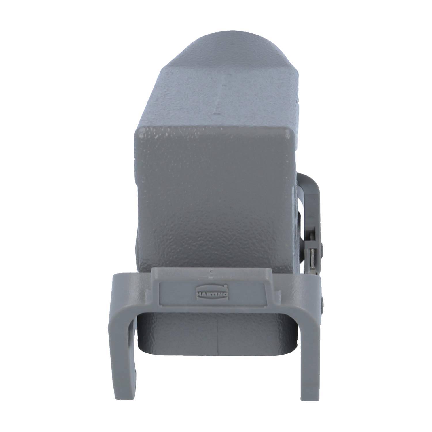 Ein graues industrielles Anschlussgehäuse mit rechteckiger Form und montiertem Verriegelungsmechanismus, ausgelegt für sichere elektrische Verbindungen.