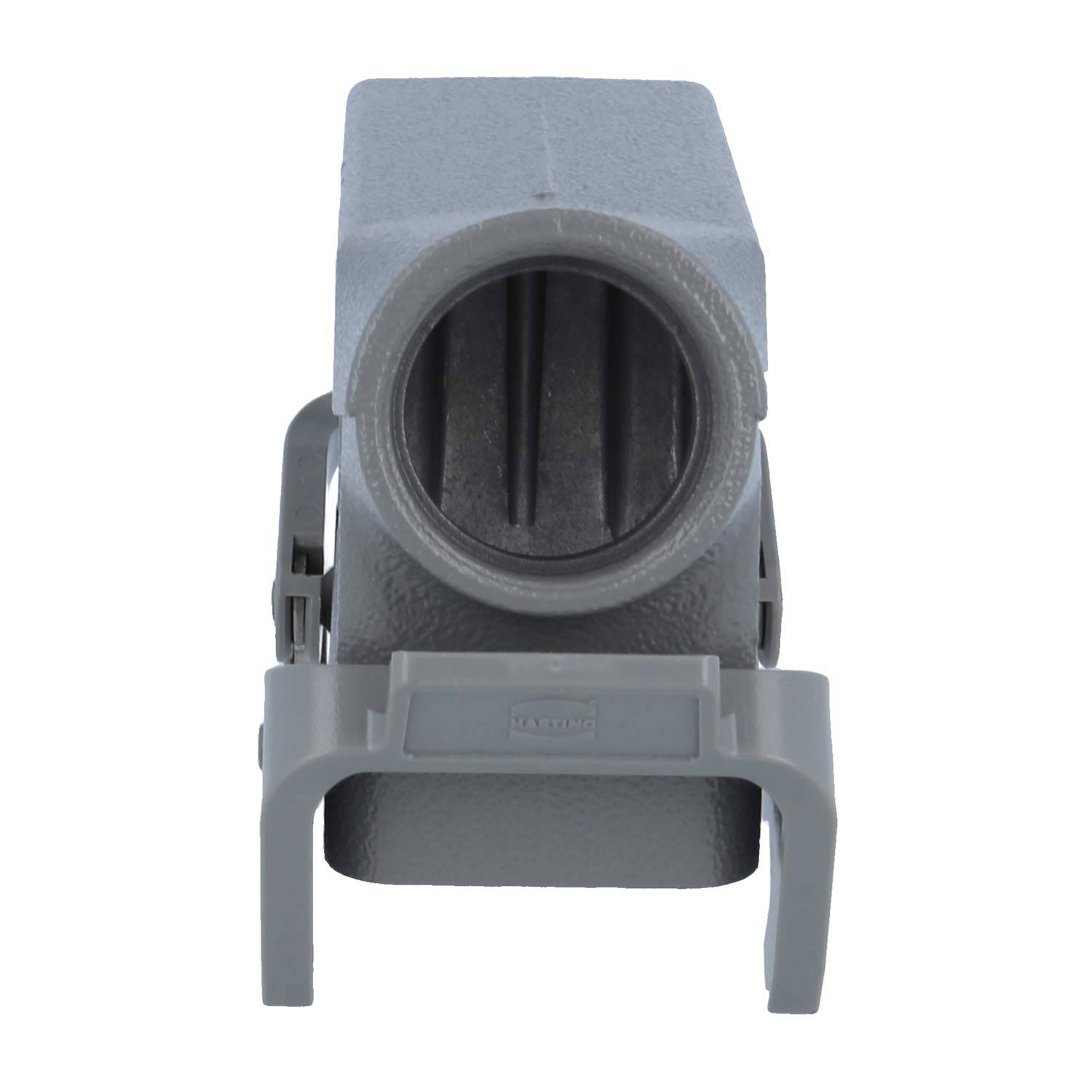 Ein grauer industrieller Anschlussgehäuse mit einer sichtbaren kreisförmigen Öffnung und seitlichen Verriegelungen für eine sichere Befestigung.