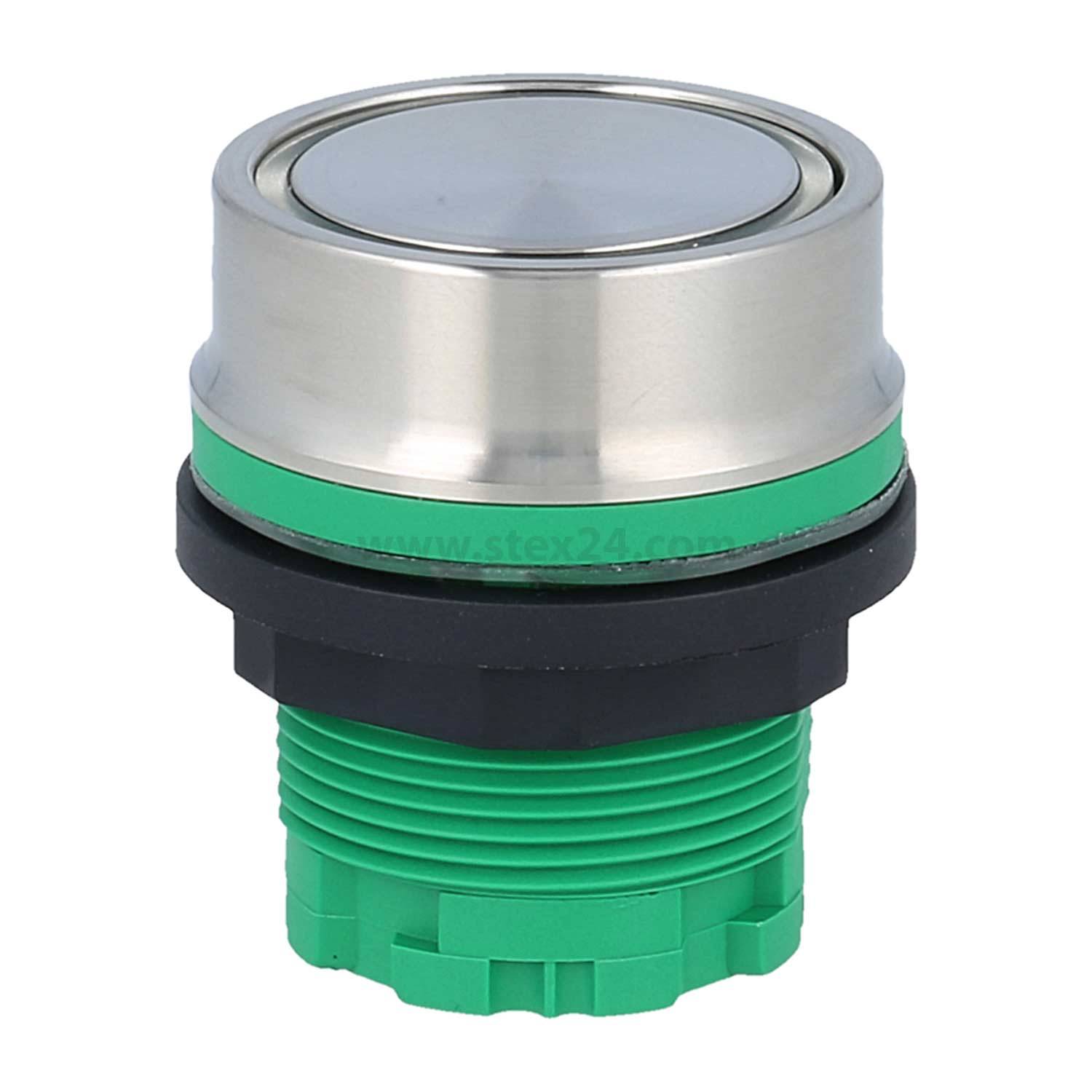 Ein grüner und metallischer industrieller Drucktaster, verwendet zur Maschinensteuerung, mit einer kreisförmigen Gestaltung und verschraubbarer Montagebasis.