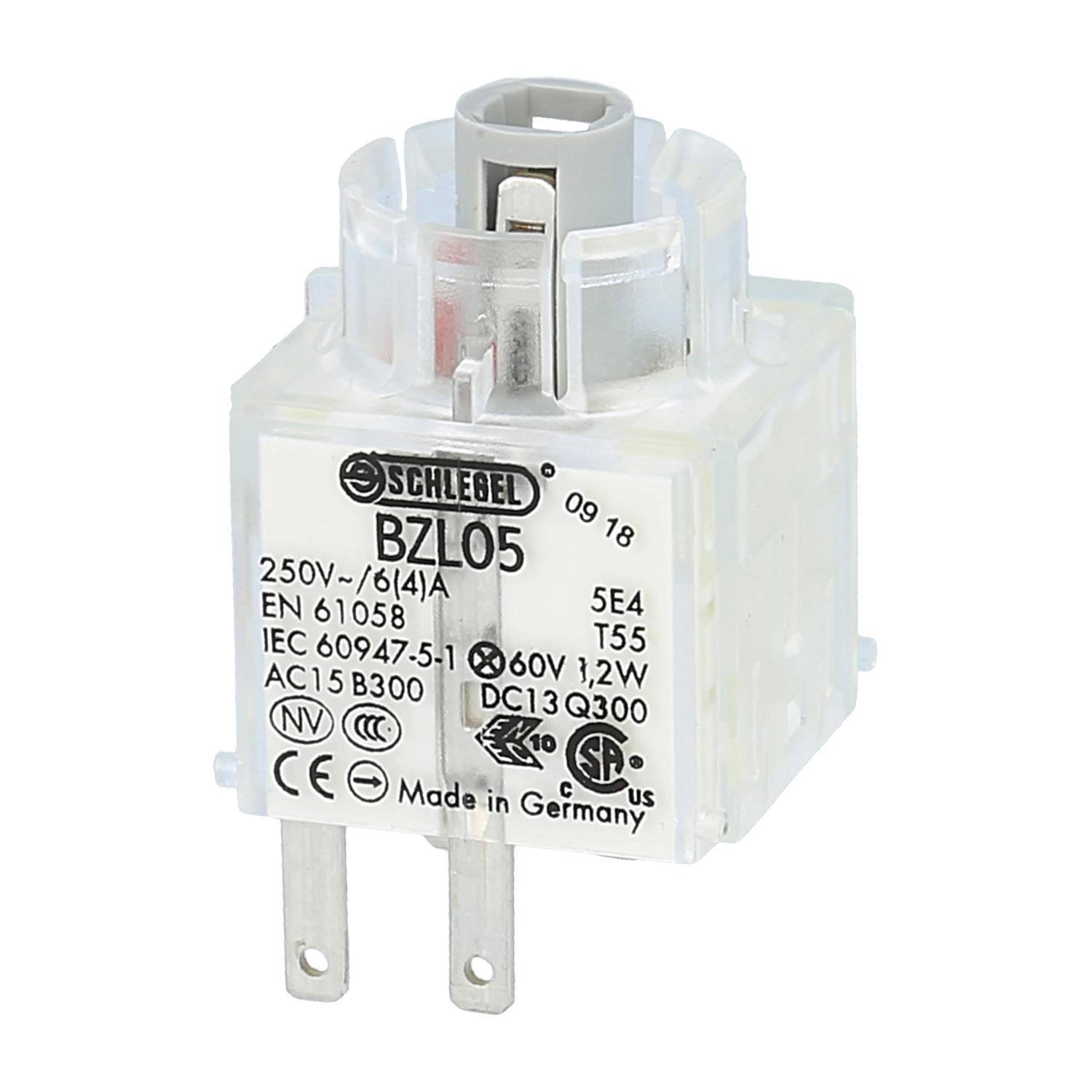 Schlebel BZL05', eine elektrische Komponente mit Spezifikationen: 250V, 6(4)A, EN 61058, T55, 60V, 32W, IEC 60947-5-1, hergestellt in Deutschland.