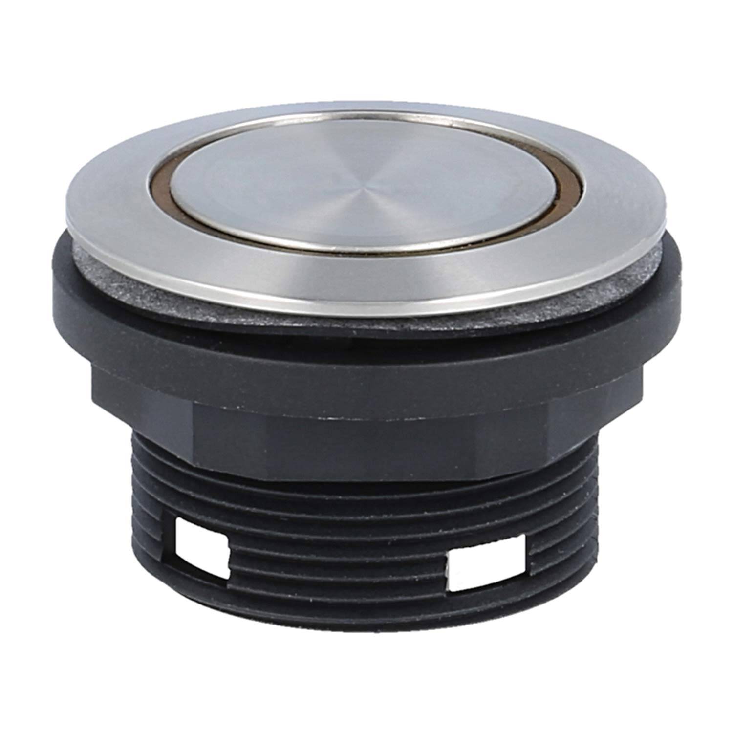 Ein runder, metallener Druckschalter mit schwarzer Basis, der typischerweise für Steuerungspanels in industriellen oder mechanischen Ausrüstungen verwendet wird.