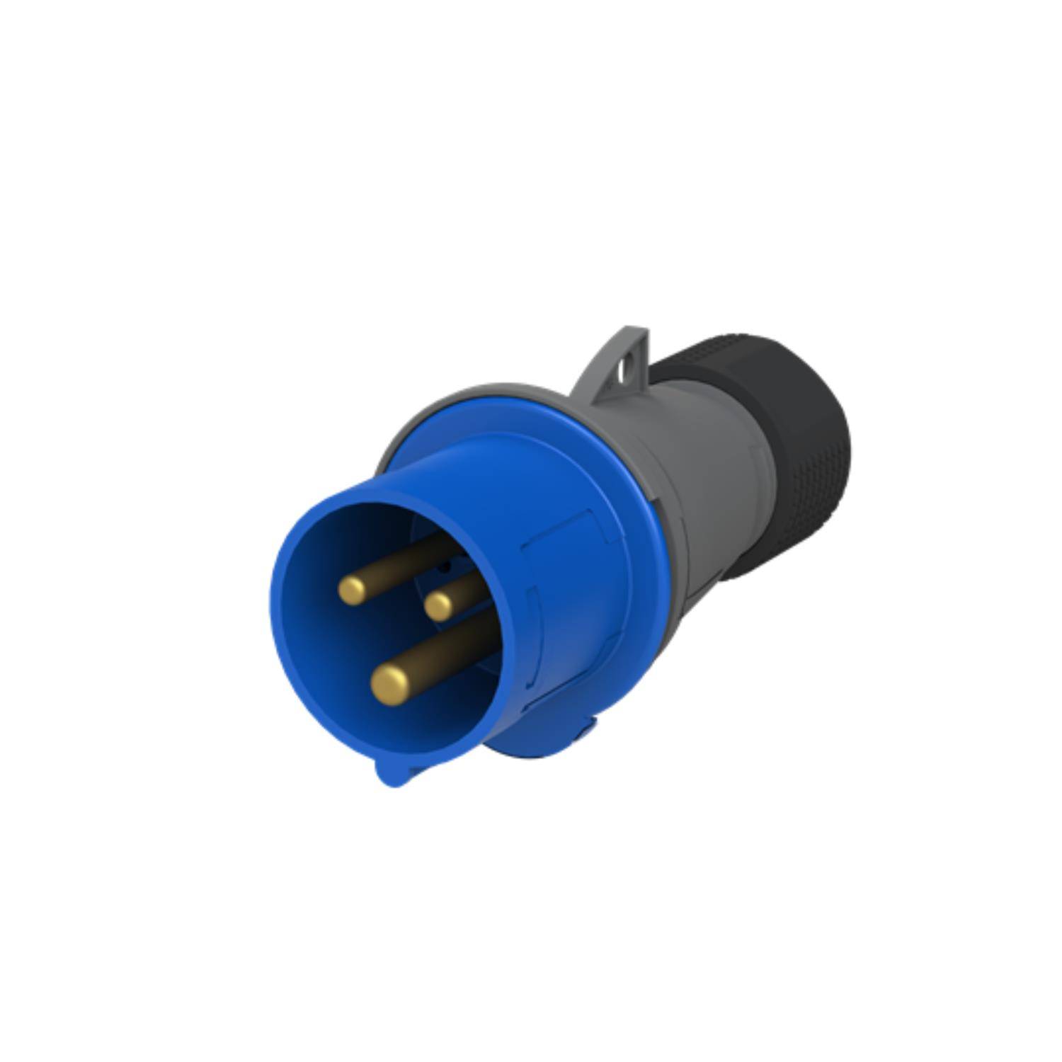Ein 3-polig industrieller Stromstecker mit blauem Außengehäuse und grauem Griff, der zur Verbindung von Geräten mit elektrischen Stromquellen verwendet wird.