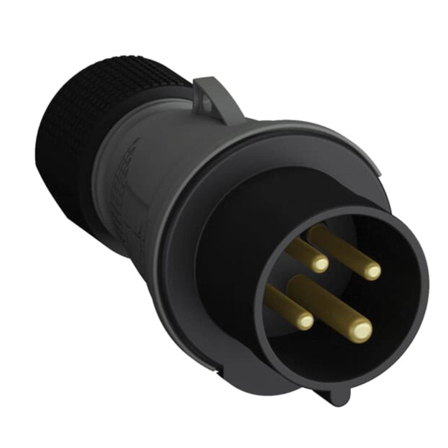 Ein schwarzer, zylindrischer elektrischer Stecker mit drei runden, goldfarbenen Stiften, die nach außen abstehen.