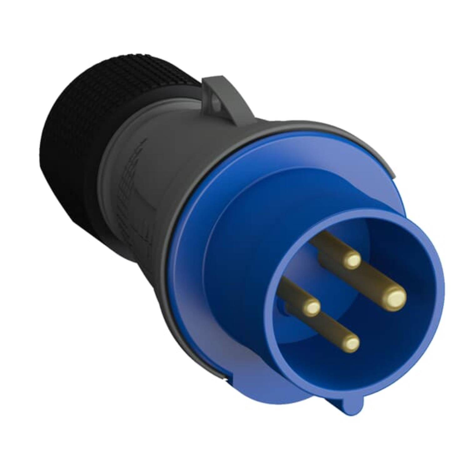 Ein blauer und schwarzer industrieller Elektroanschluss mit drei goldenen Kontakten, konzipiert für robuste Stromverbindungen.