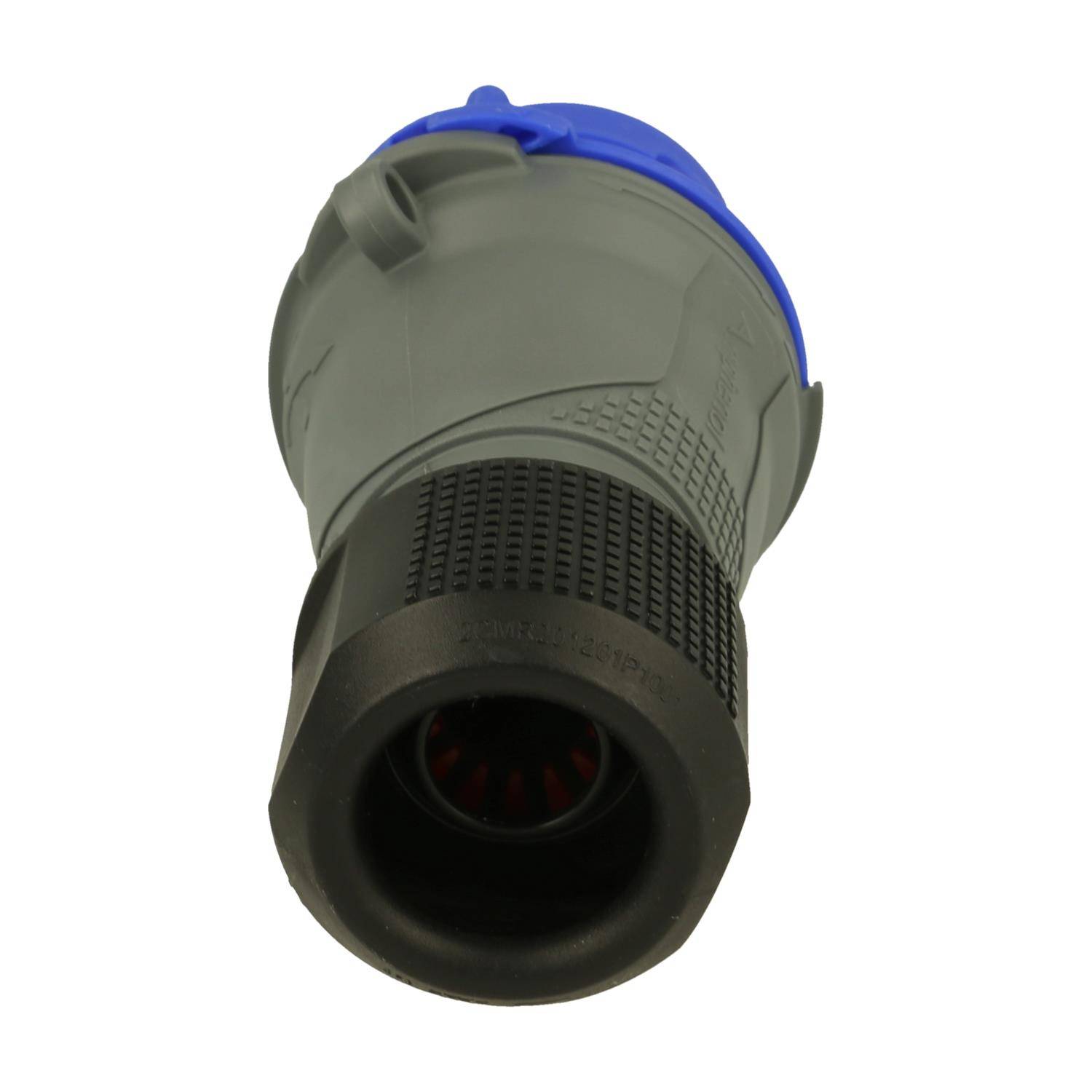 Ein blauer und grauer industrieller elektrischer Stecker mit zylindrischer Form, gerilltem Griff und robuster Bauweise, wahrscheinlich für Einsätze mit hoher Belastung.