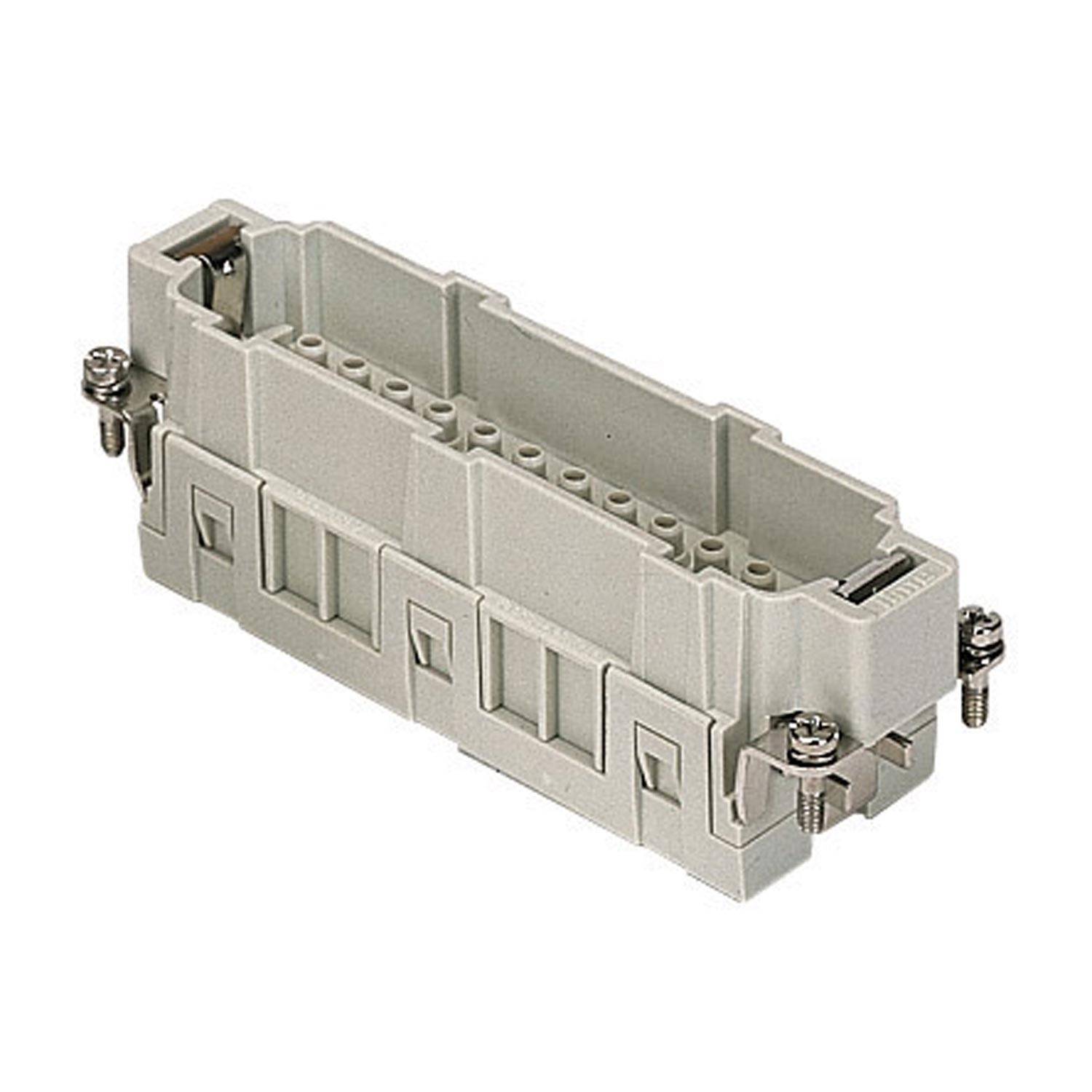 Ein grauer rechteckiger elektrischer Stecker mit mehreren Schlitzen und zwei Schrauben an jedem Ende, der für eine sichere Befestigung konzipiert ist.