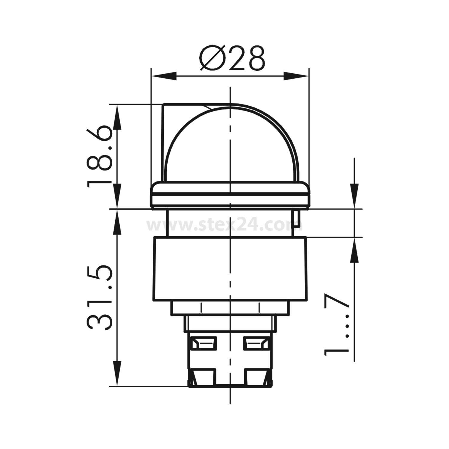 Technische Zeichnung eines Knopfes mit Dimensionen: Durchmesser 28 mm, Höhe 31,5 mm. Seitenansicht mit detaillierten Maßangaben.