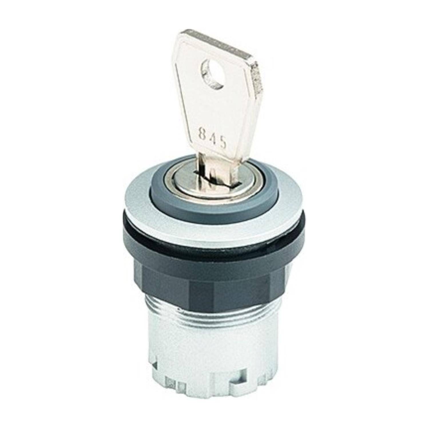 Ein metallisches Schloss mit einem eingesteckten Schlüssel mit der Nummer '845', das das kreisförmige Design des Schlosses und die einfache, flache Form des Schlüssels zeigt.