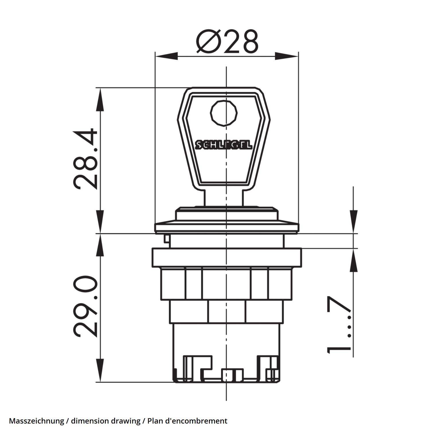 Schlüsselschalter-Maßzeichnung, die einen zylindrischen Schalter mit der Aufschrift 'SCHLEGEL' auf der Oberseite zeigt, mit einer Breite von 28,4 mm und einer Höhe von 29,0 mm.