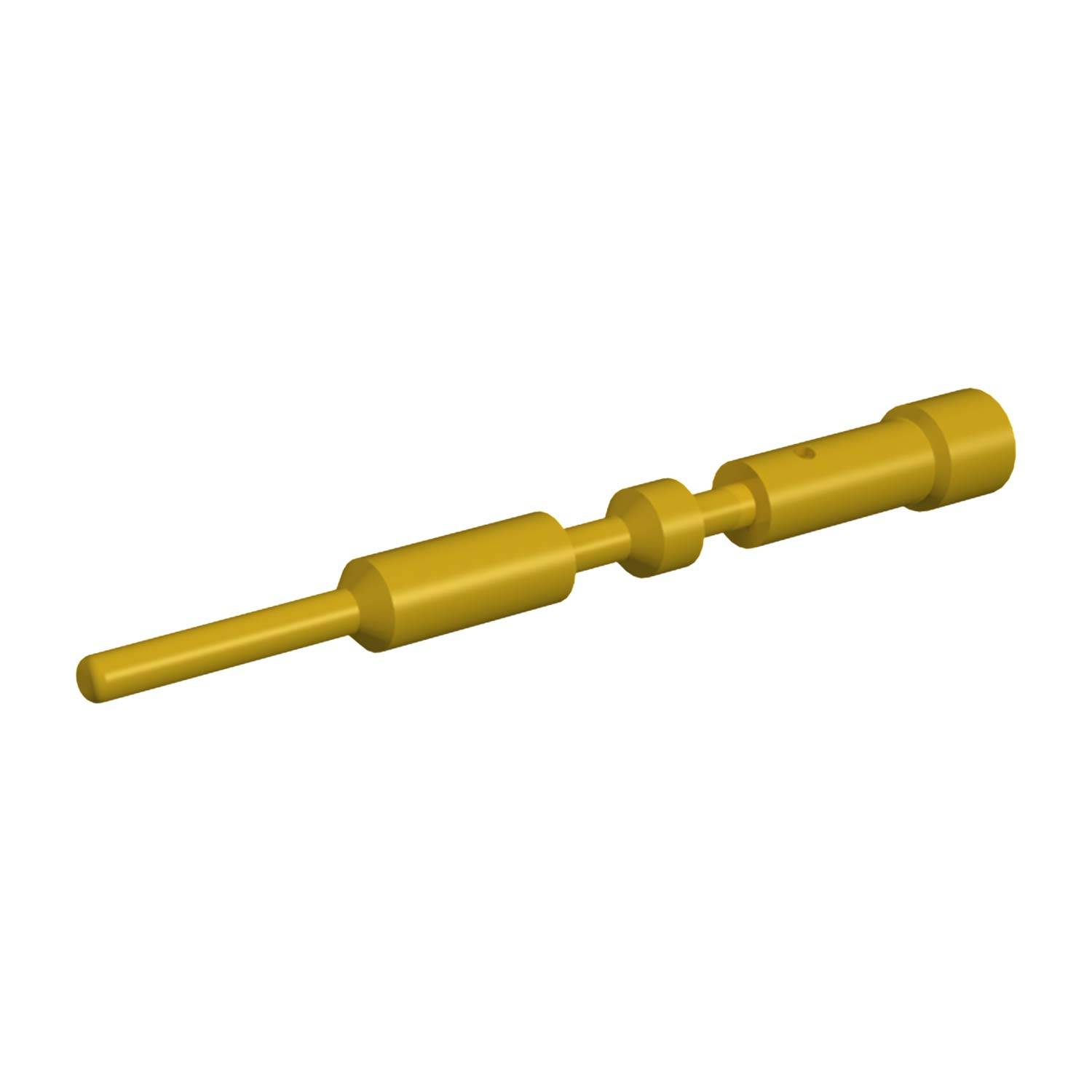 Eine 3D-gerenderte, zylindrische Metallnadel in Goldton mit mehreren verjüngten Abschnitten und unterschiedlichen Durchmessern.