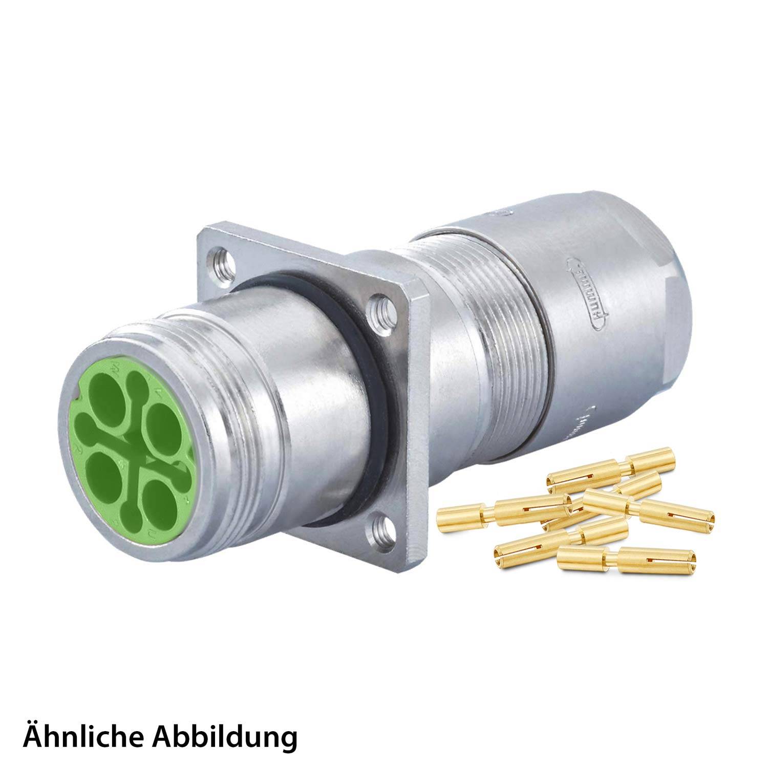 Ein zylindrischer Metallverbinder mit vier grünen Buchsen, dargestellt mit mehreren kleinen Goldstiften. Hinweis: Ähnlich dem tatsächlichen Produkt.