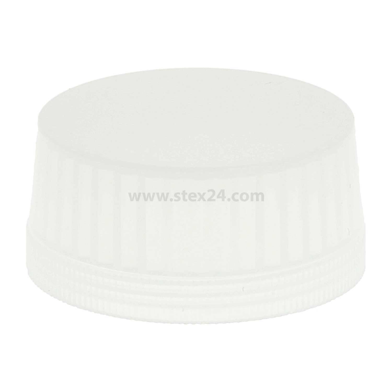 Ein weißer Plastik-Schraubverschluss mit vertikalen Rillen, geeignet zum Verschließen von Flaschen oder Behältern.