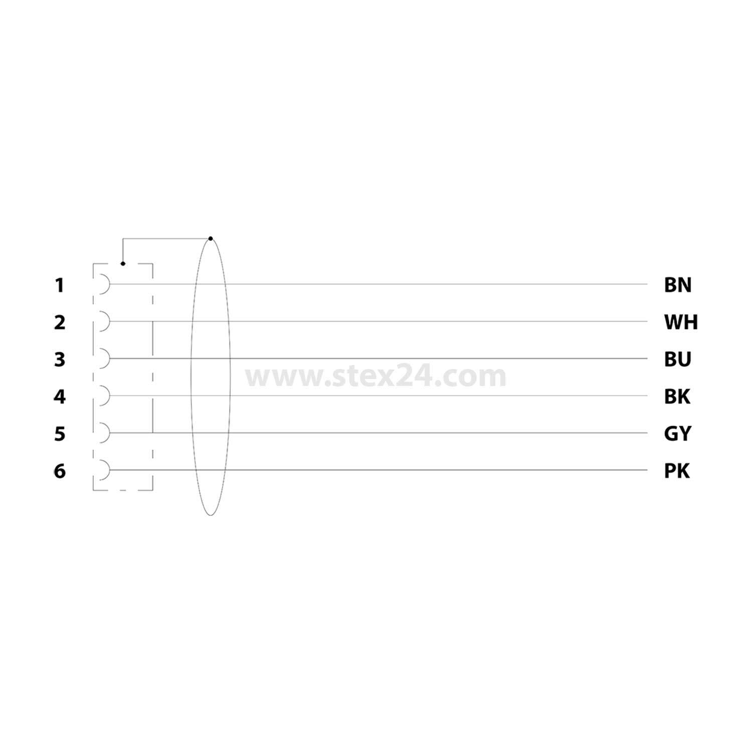 Diagramm eines Kabelanschlusses mit sechs nummerierten Pins, die mit farbigen Leitern verbunden sind: 1-Braun (BN), 2-Weiß (WH), 3-Blau (BU), 4-Schwarz (BK), 5-Grau (GY), 6-Rosa (PK).