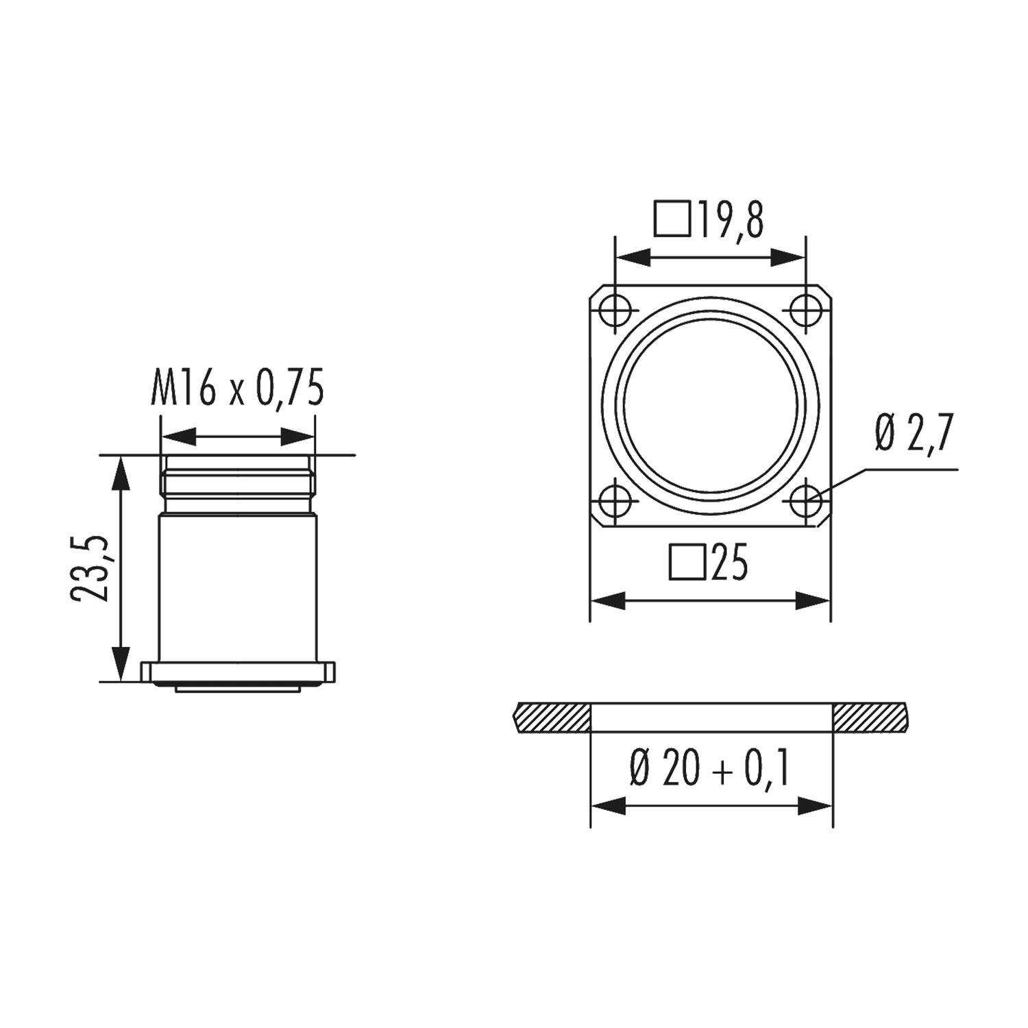 Technische Zeichnung einer kreisförmigen Komponente mit Maßangaben: Durchmesser 19,8 mm, Höhe 23,5 mm, vier Befestigungslöcher 2,7 mm, Gewinde M16 x 0,75.