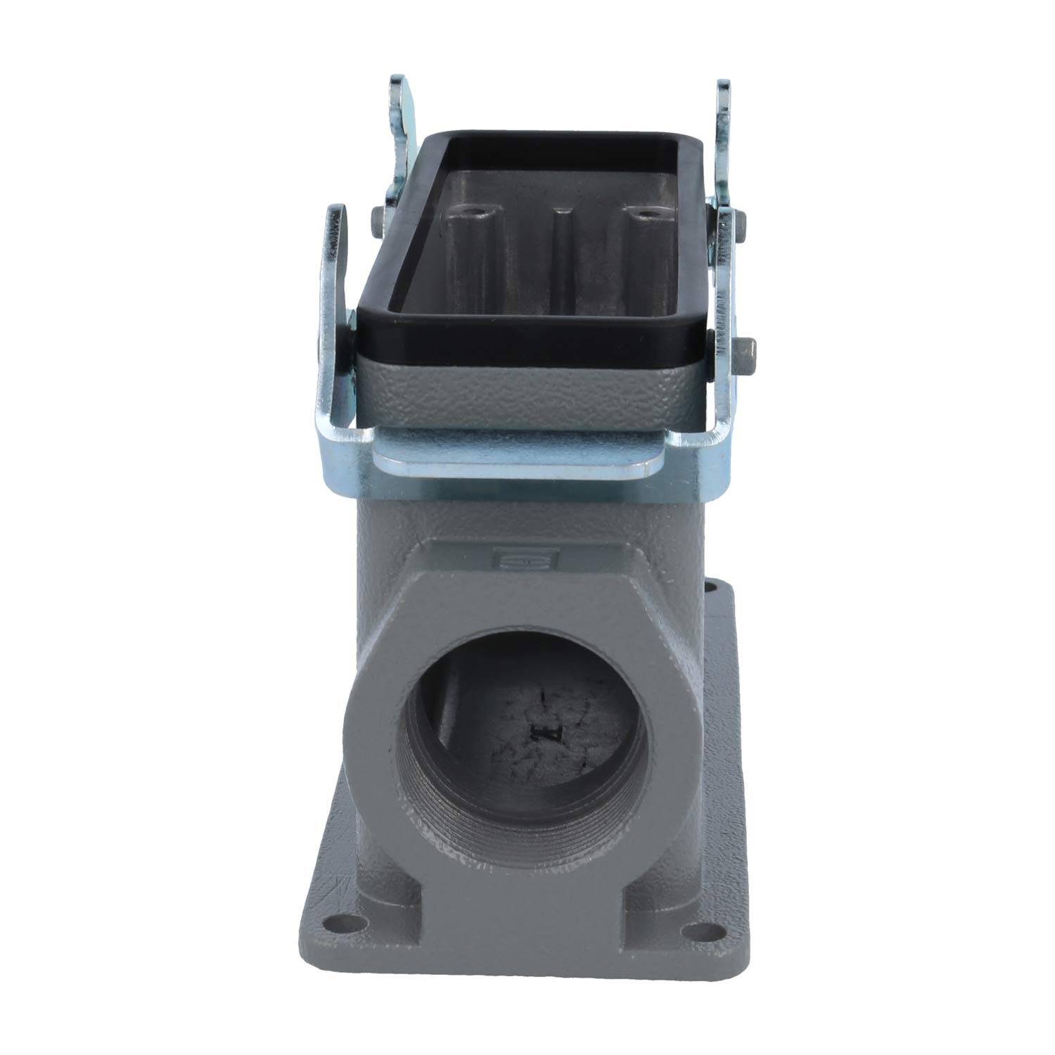 Ein metallisches Elektroverbindergehäuse mit einer vorderen kreisrunden Öffnung und rechteckiger Oberseite, das für sichere Kabelverbindungen konzipiert ist.