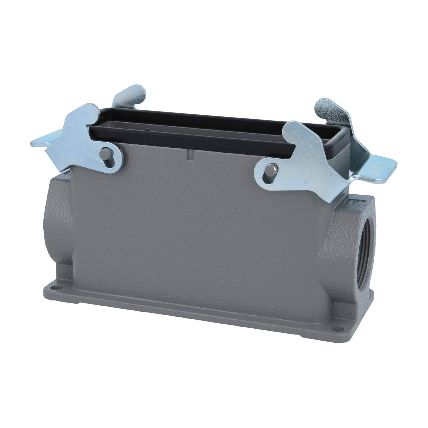 Ein rechteckiges graues Metallgehäuse mit zwei Verschlüssen oben und seitlichen Öffnungen, verwendet für industrielle Anschlüsse.