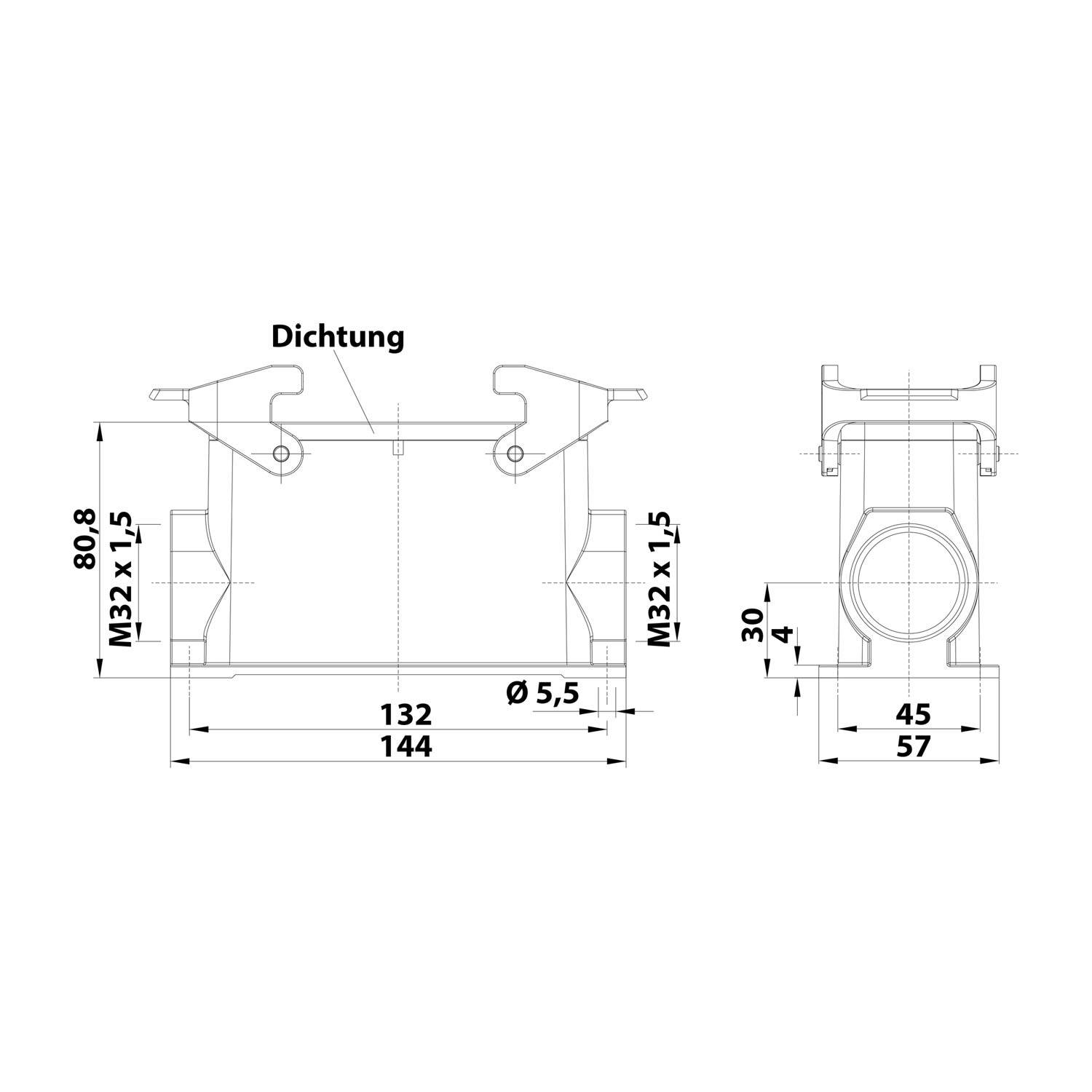 04300240272 HARTING Han 24B Sockelgehäuse hoch, 2xM32 seitlicher Kabelabgang, mit 2 Querbügeln Verschraubung M32