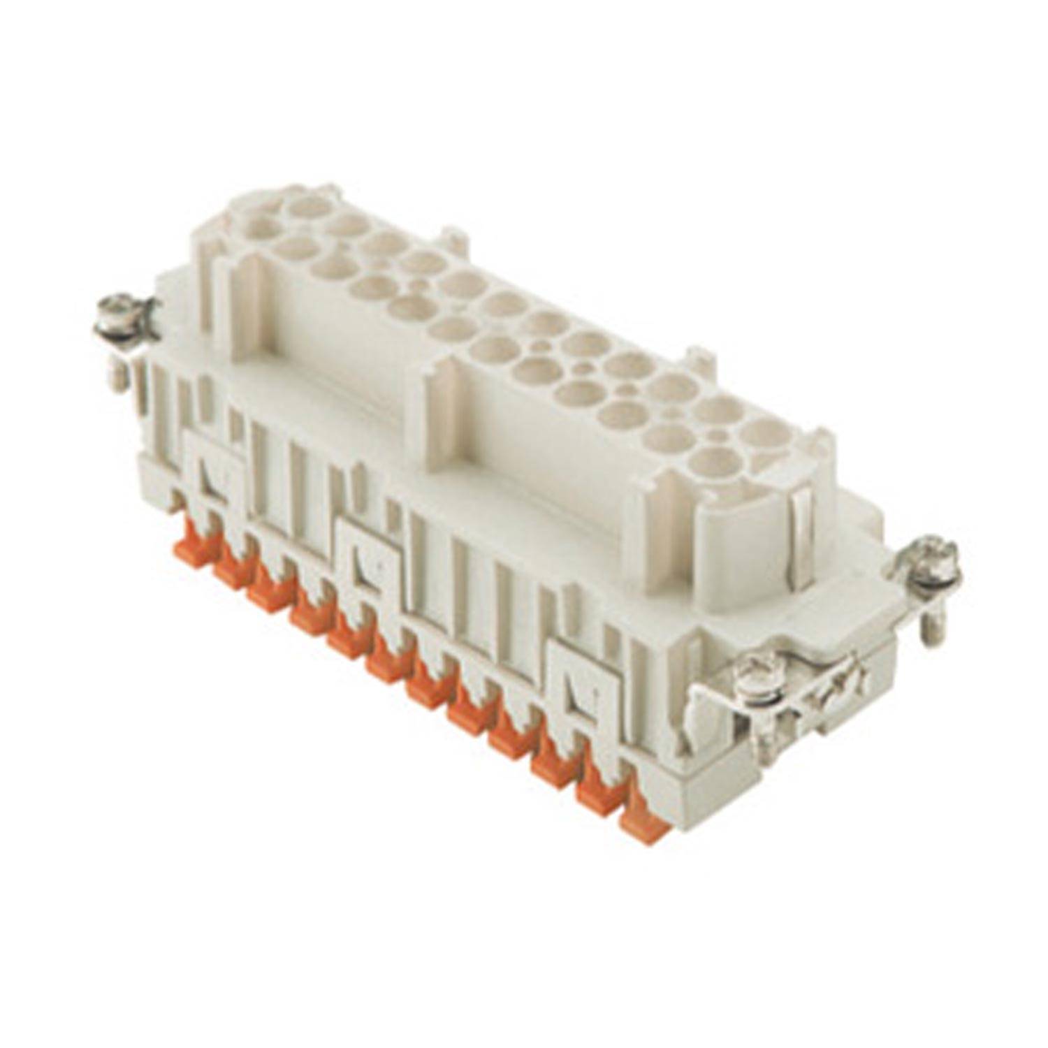 Ein weißer Mehrfach-Elektroverbinder mit orangefarbenen Spitzen, zum Anschluss von Stromkreisen, mit rechteckiger Form und Metallbefestigungen.
