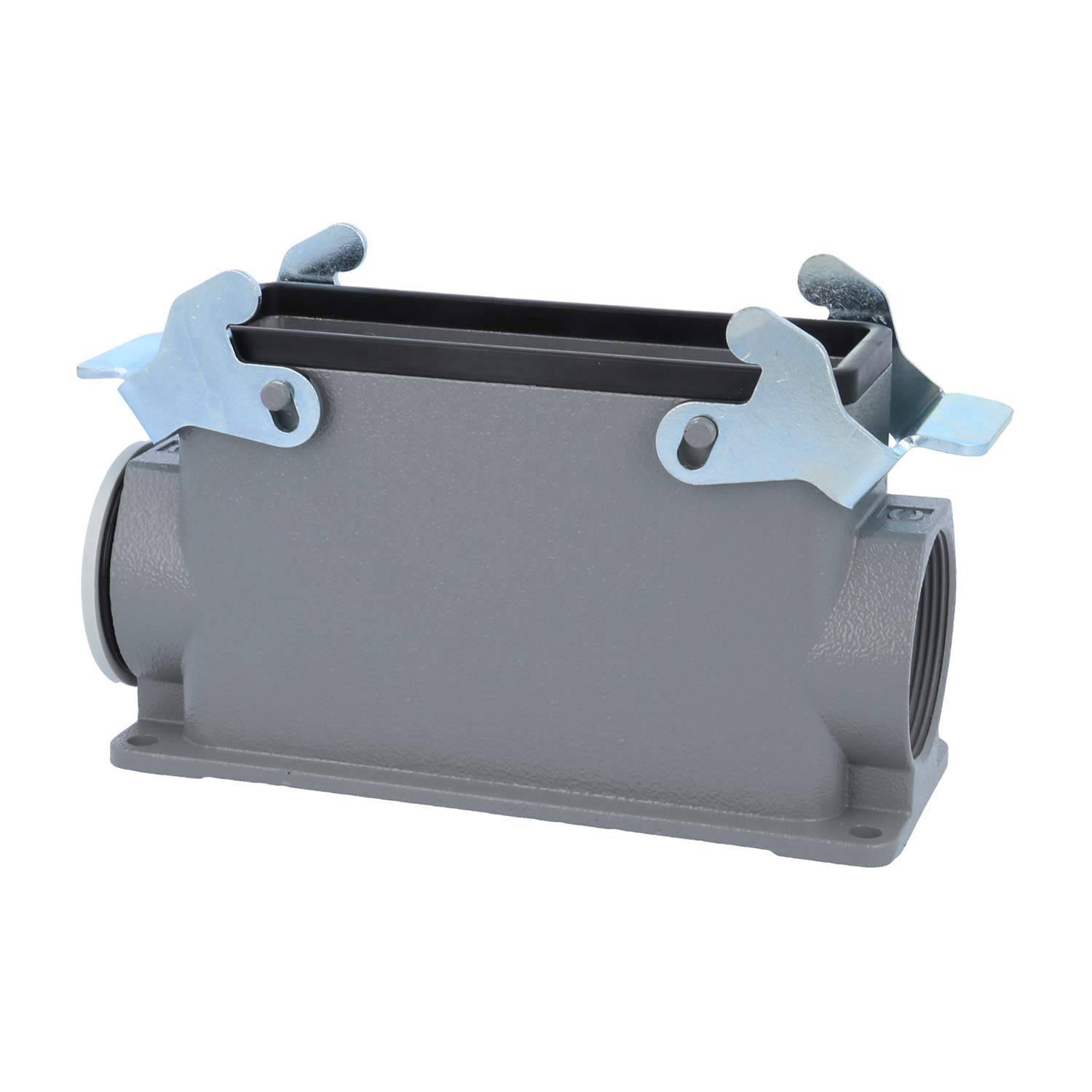 Graues T-förmiges industrielles Anschlussgehäuse mit zwei silbernen Verriegelungen, konzipiert für elektrische Verbindungen. Geeignet für robuste Einsatzbereiche.