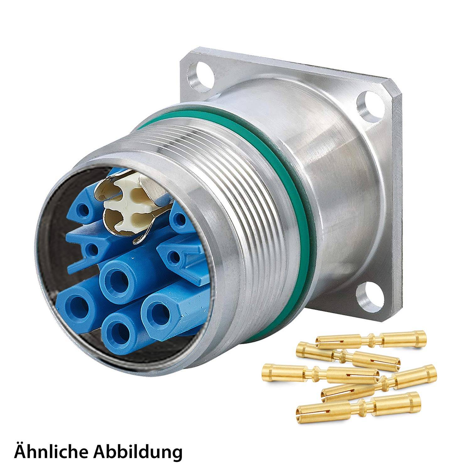 Ein ähnliches Bild zeigt einen kreisförmigen Metallverbinder mit mehreren blauen Steckdosenbuchsen und mehreren goldenen Stiften für elektrische Anschlüsse.