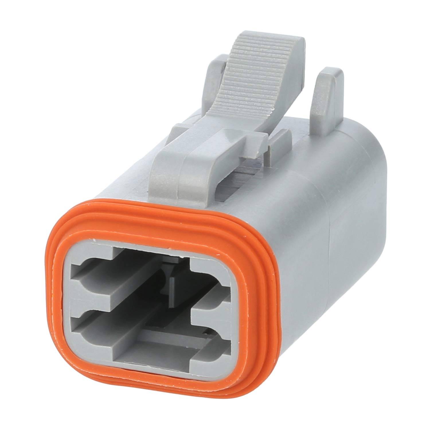 Ein grau-orangener Zwei-Pin-Automotive-Stecker mit Verriegelungsmechanismus, der für sichere elektrische Verbindungen in Fahrzeugen verwendet wird.