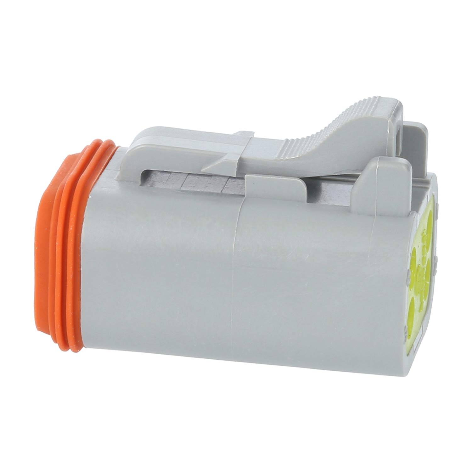 Ein grauer elektrischer Verbindungsstecker mit einem Druckhebel und orangefarbener Dichtung an der Seite, der für sichere und zuverlässige Drahtverbindungen verwendet wird.