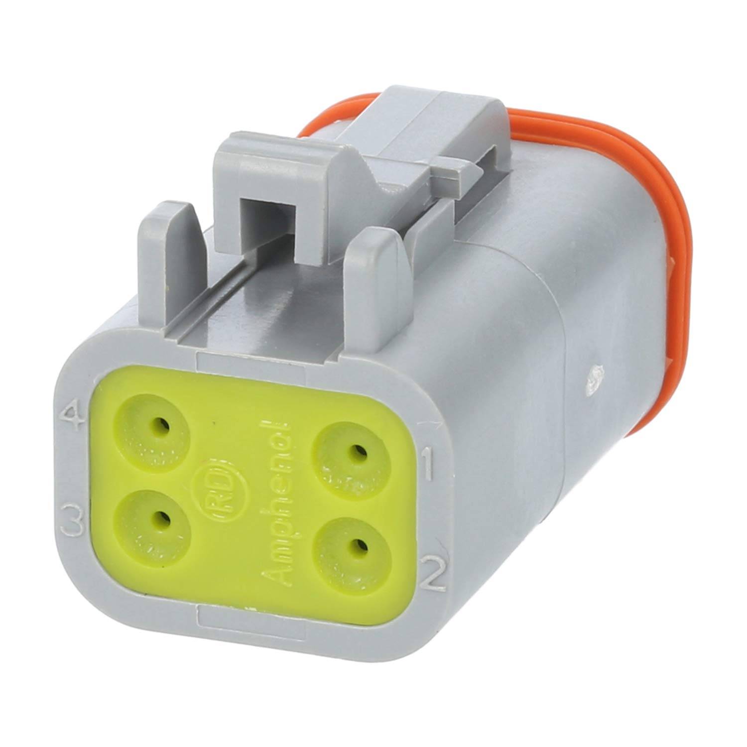 Ein grau-gelber elektrischer Anschluss mit drei kreisförmigen Buchsen, mit der Aufschrift „Amphenol