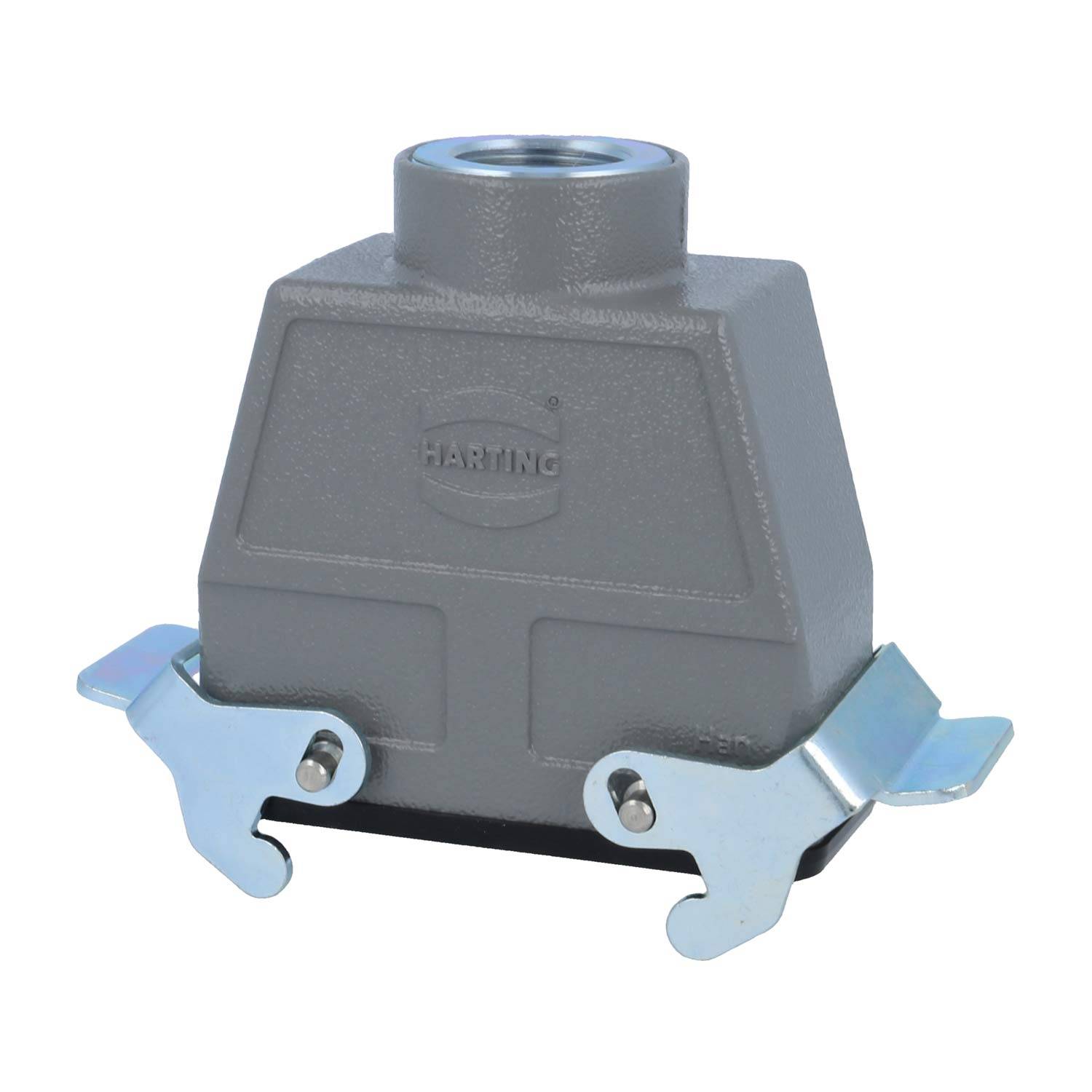Industrieller Metallgehäuse-Verbinder mit oberer Einführung, zwei Verriegelungsclips und Firmenlogo an der Vorderseite.