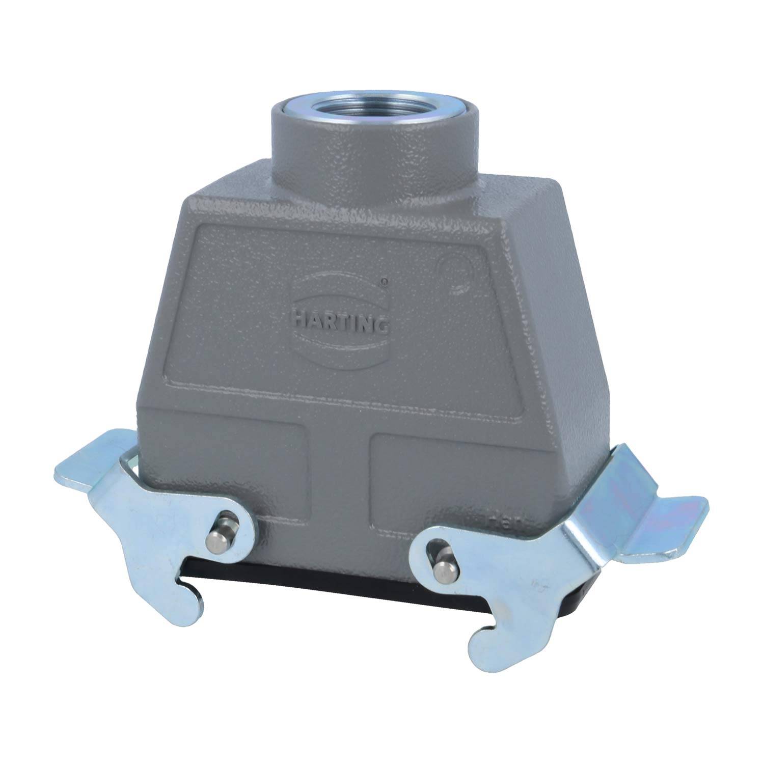 Ein grauer Anschlussgehäuse mit zwei Metall-Verriegelungshebeln.