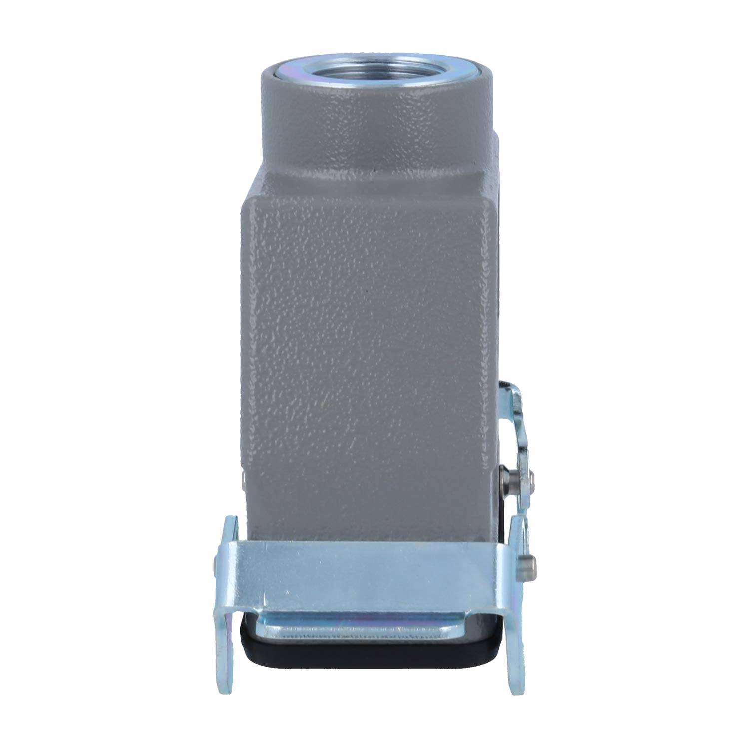 Ein industrielles Metallgehäuse für Verbinder mit einem Verschluss, das für sichere elektrische Verbindungen in rauen Umgebungen konzipiert ist.