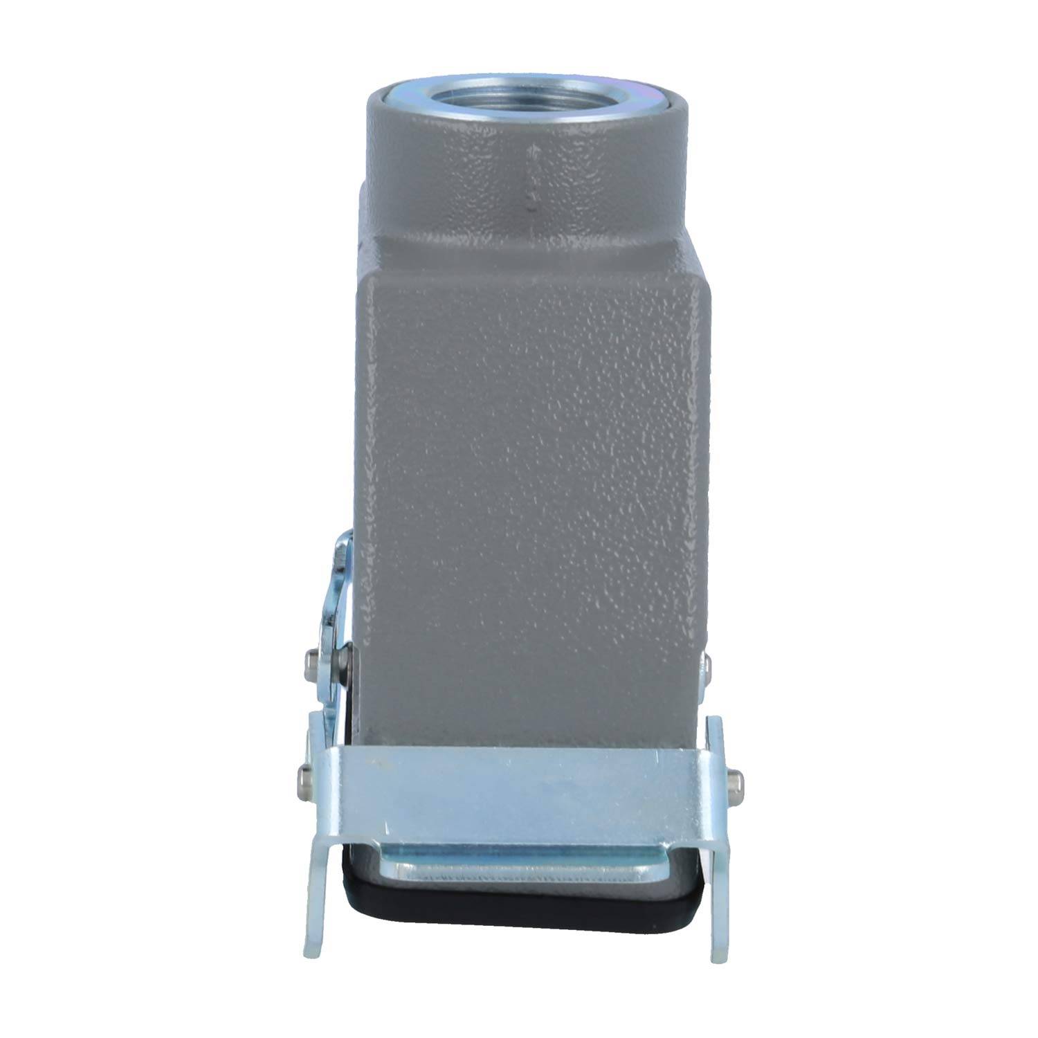 Eine graue industrielle Anschlussgehäuse-Halterung in vertikaler Ausrichtung, mit einem Metallriegel und einer kreisförmigen Öffnung auf der Oberseite.