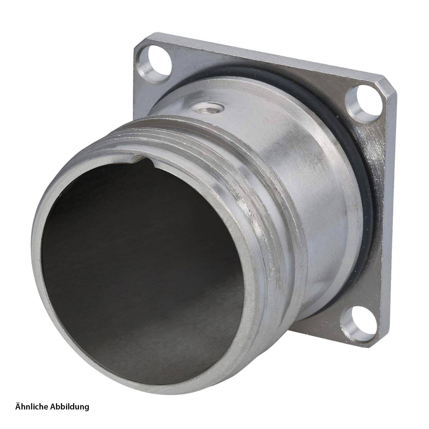 Ein metallischer zylindrischer Verbinder mit einer Flanschbasis, die vier Befestigungslöcher für die Montage aufweist.