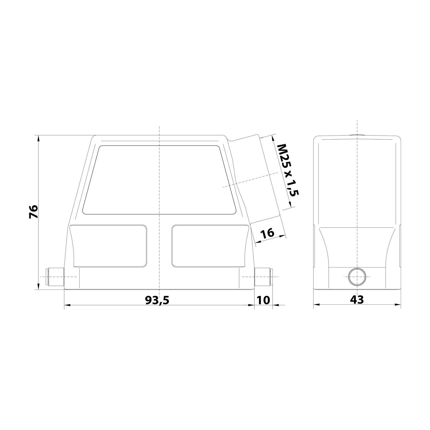 Technische Zeichnung eines mechanischen Bauteils. Vorder- und Seitenansicht mit Maßen: 76 Höhe, 93,5 und 43 Breiten, und M25x1,5 Gewinde.