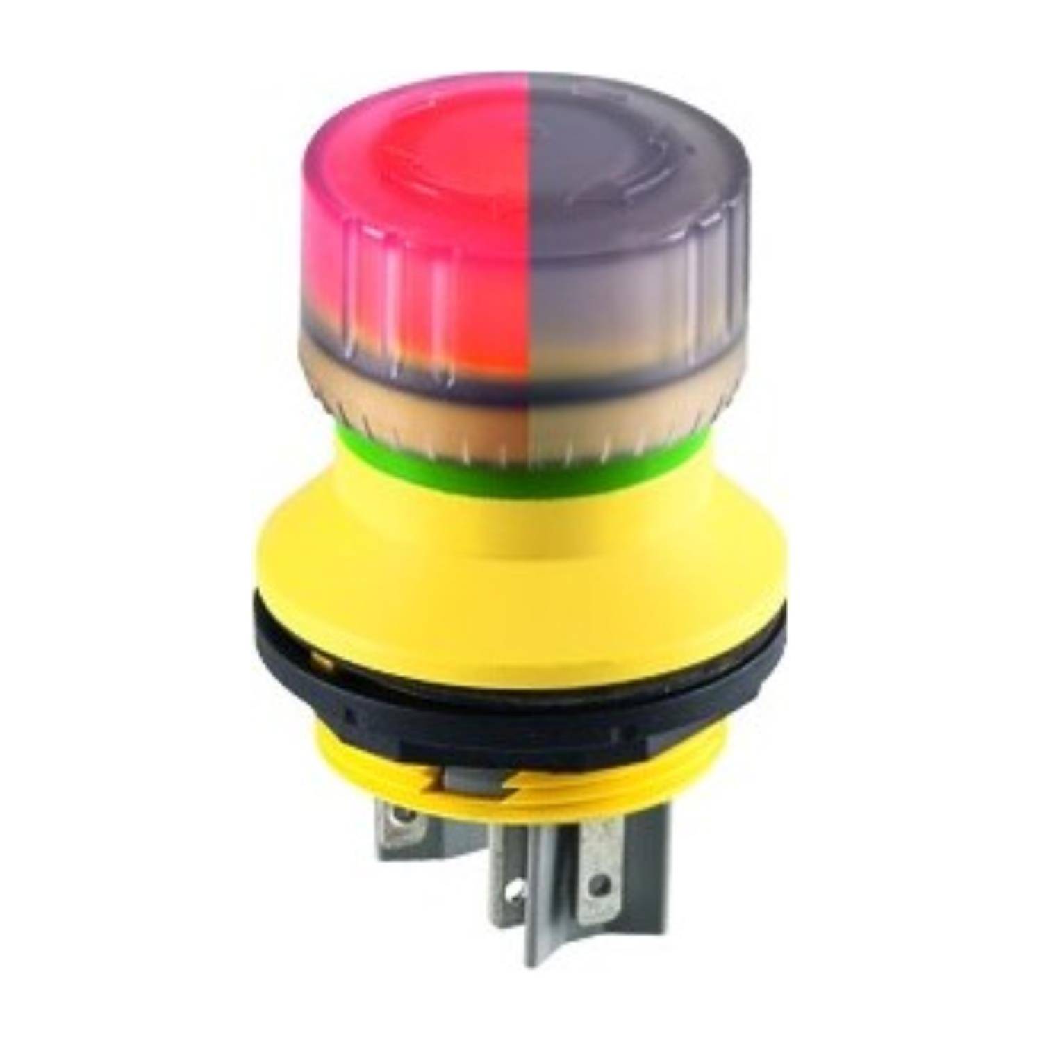 Drucktastenschalter mit roter und transparenter Abdeckung, der eine Zweifachstatus-Funktionalität anzeigt, montiert auf einer gelben Basis mit Metallkonnektoren.