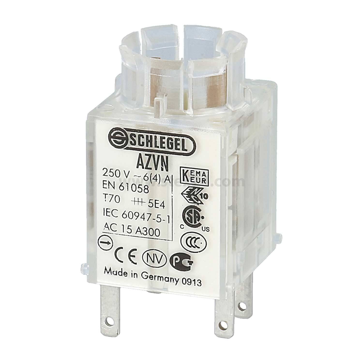 Ein transparenter elektrischer Relais mit der Bezeichnung 'SCHLEGEL AZVN 250V, 6(4)A', versehen mit Zertifizierungen und elektrischen Spezifikationen.