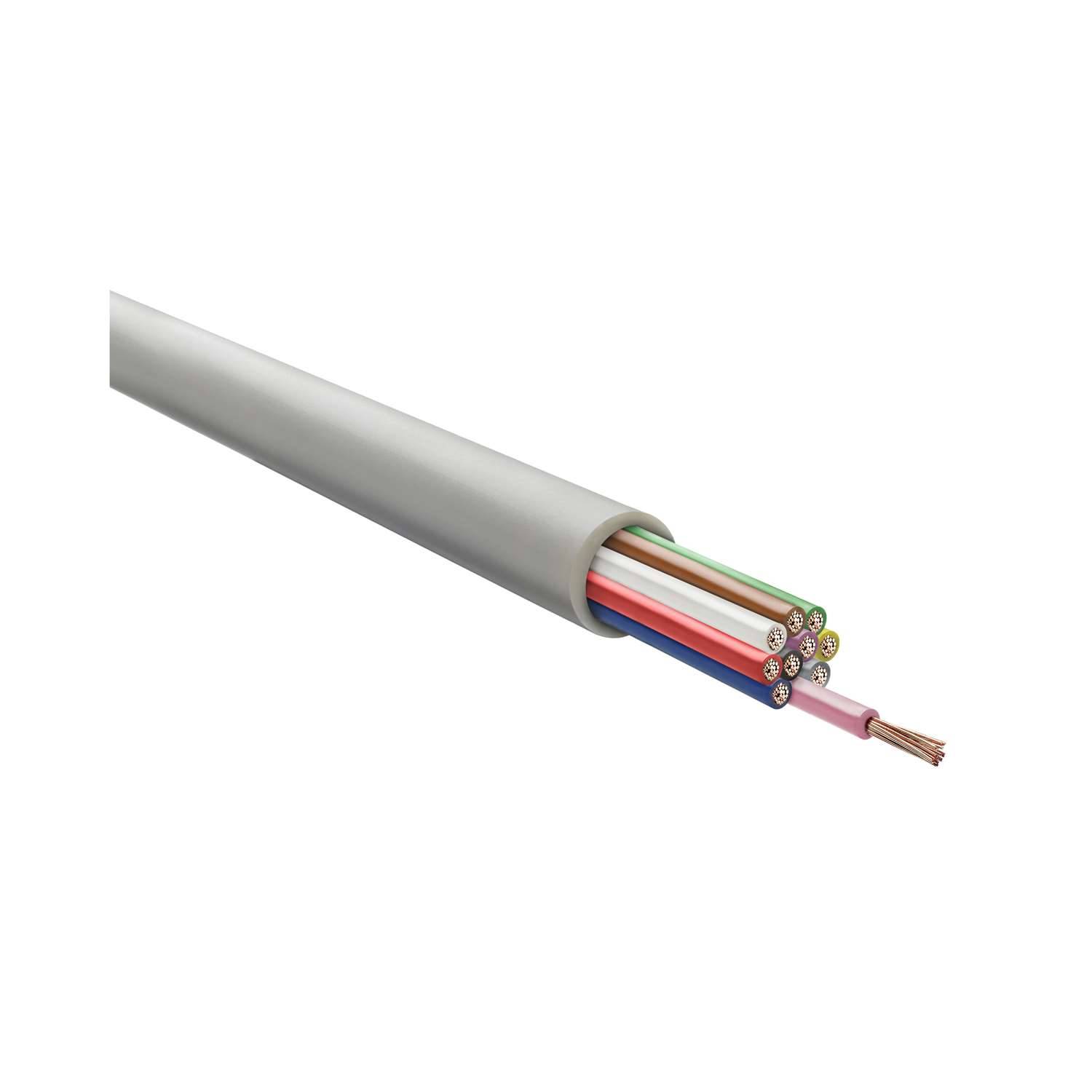 Ein mehradriges Elektrokabel, das mehrere farbige Drähte in einer grauen Ummantelung zeigt, das die elektrische Konnektivität darstellt.