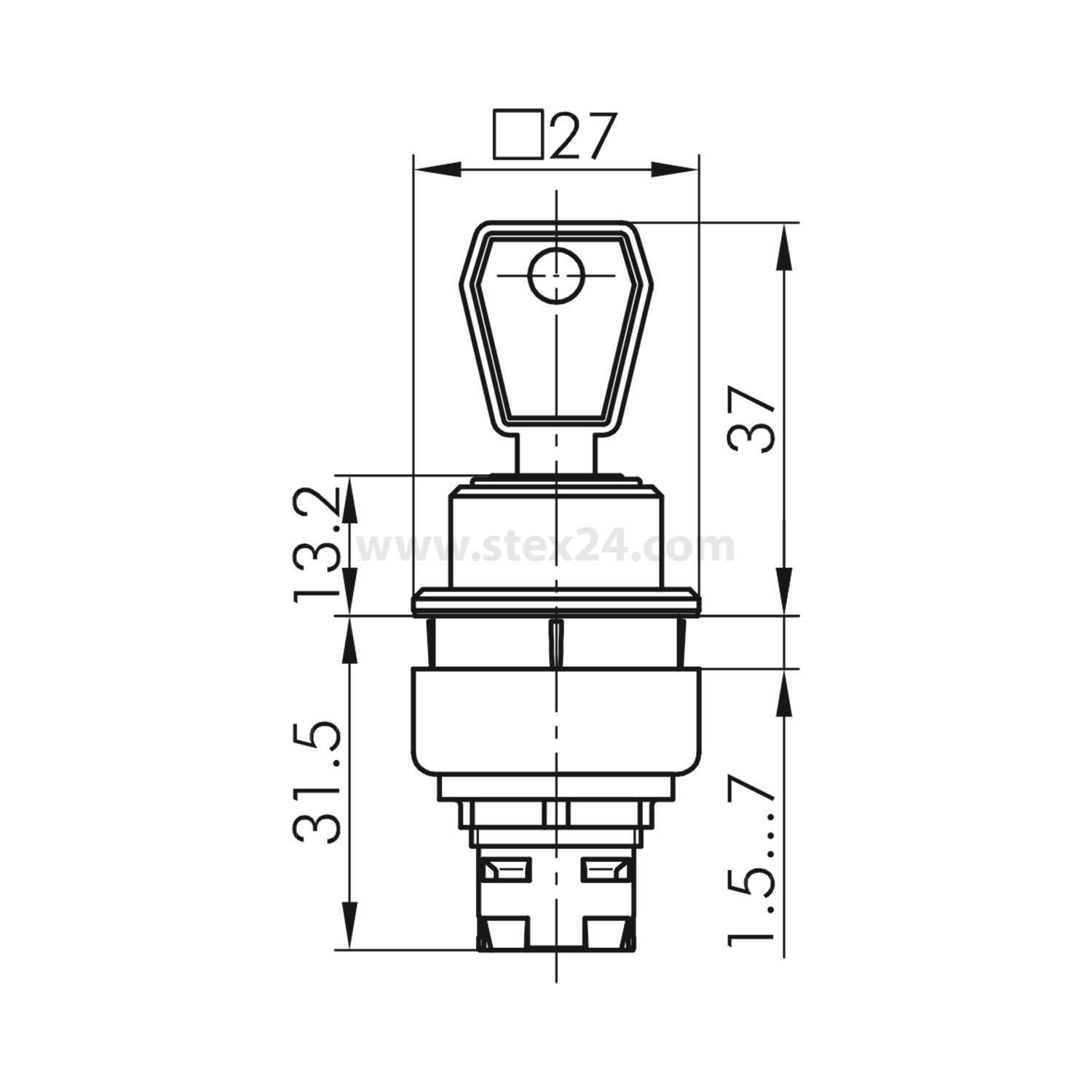 Technische Zeichnung eines schlüsselbetätigten Schalters mit Maßangaben. Oberer quadratischer Abschnitt misst 27mm, die Höhe beträgt 37mm, der untere Abschnitt ist 31,5mm breit.