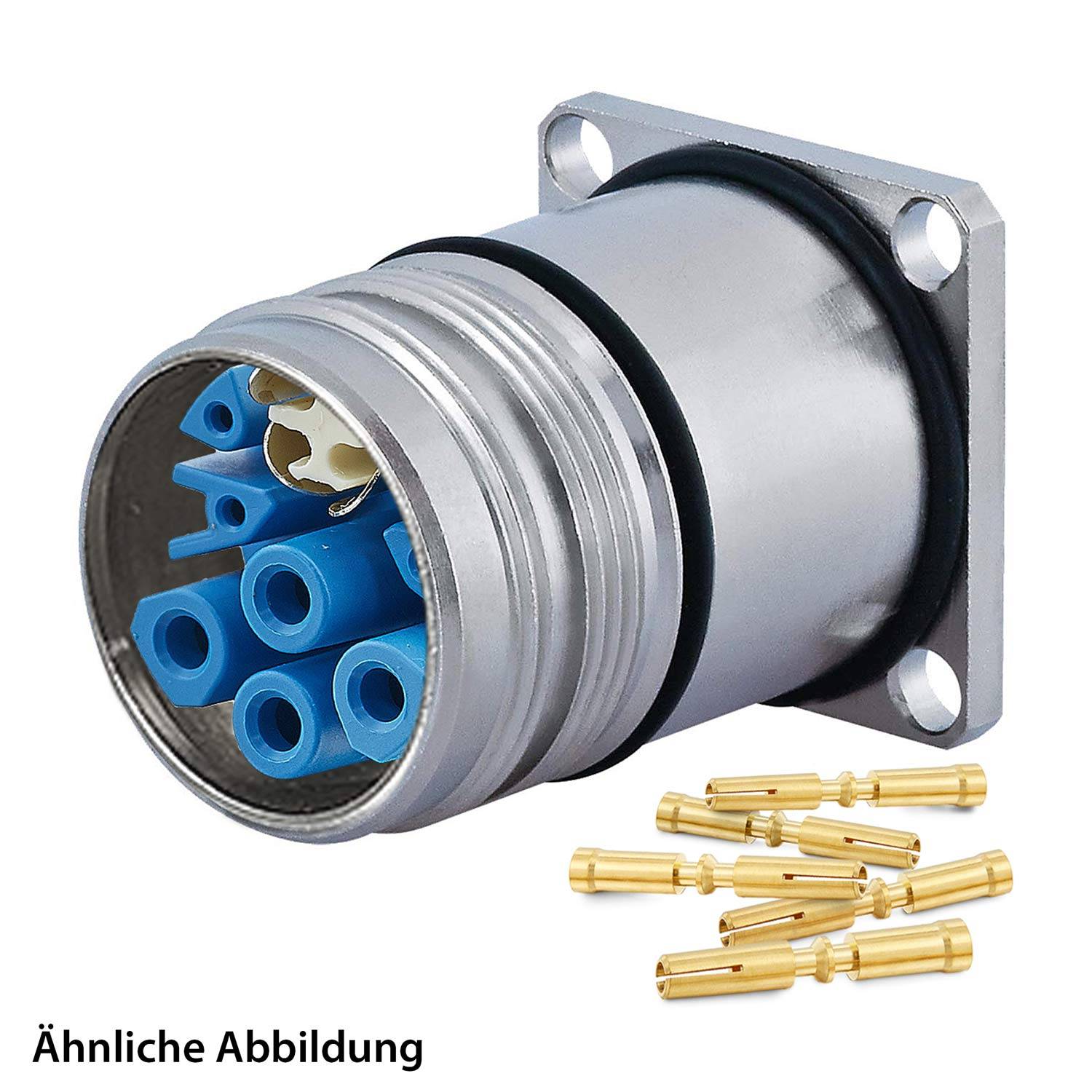 Elektrischer Steckverbinder mit mehreren blauen Buchsen und separaten Goldpins, geeignet für industrielle Verkabelung.