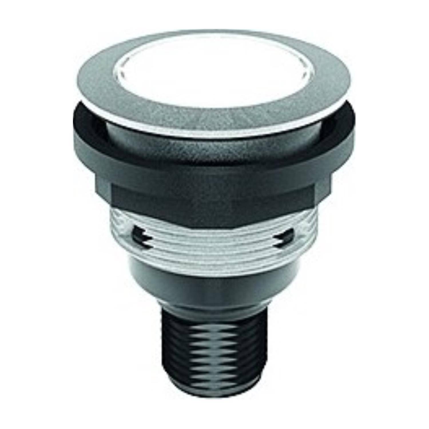 Drucktaster mit einer kreisförmigen Gestaltung und metallischer Oberfläche, versehen mit einer gewindeten, zylindrischen Befestigungsbasis.