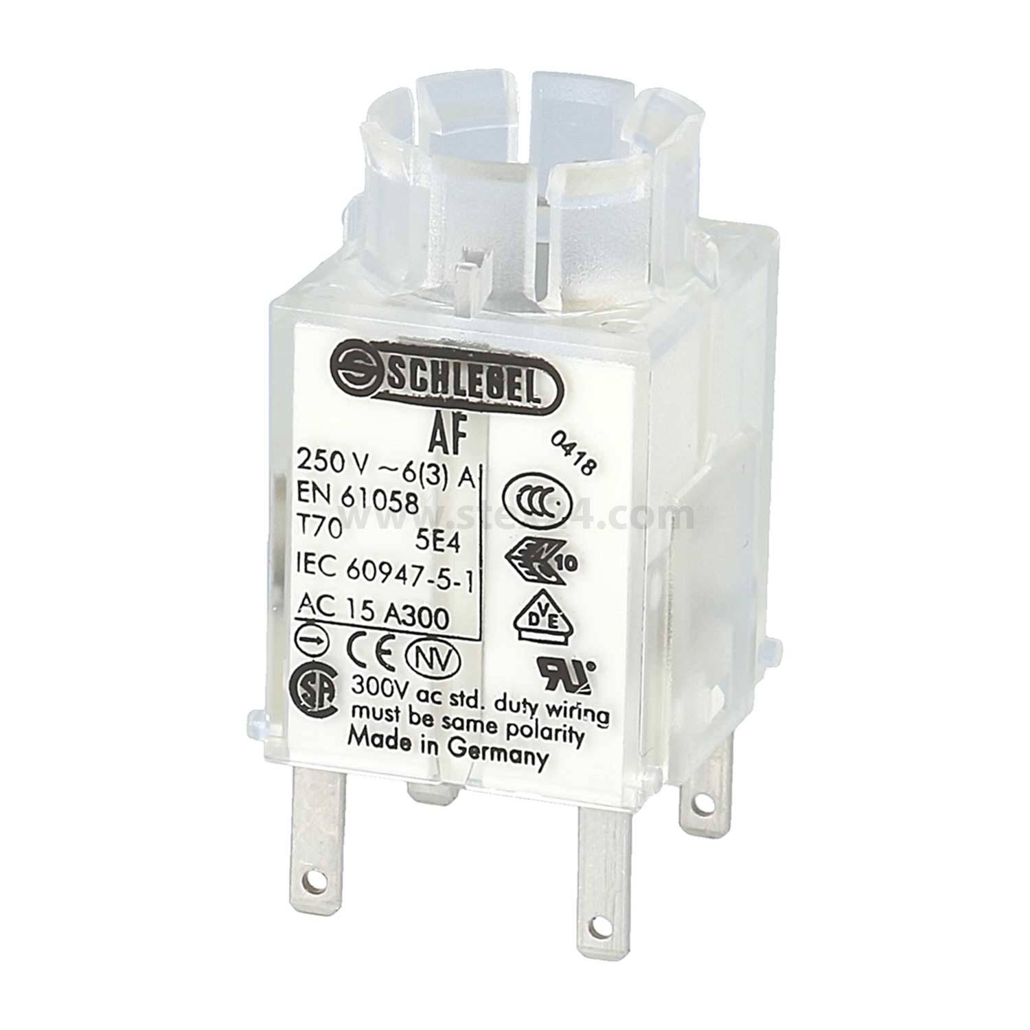 Transparentes elektrisches Relais mit der Beschriftung 'Schlegel AF', das Spezifikationen von 250V, 6A sowie Konformitätszeichen zeigt.