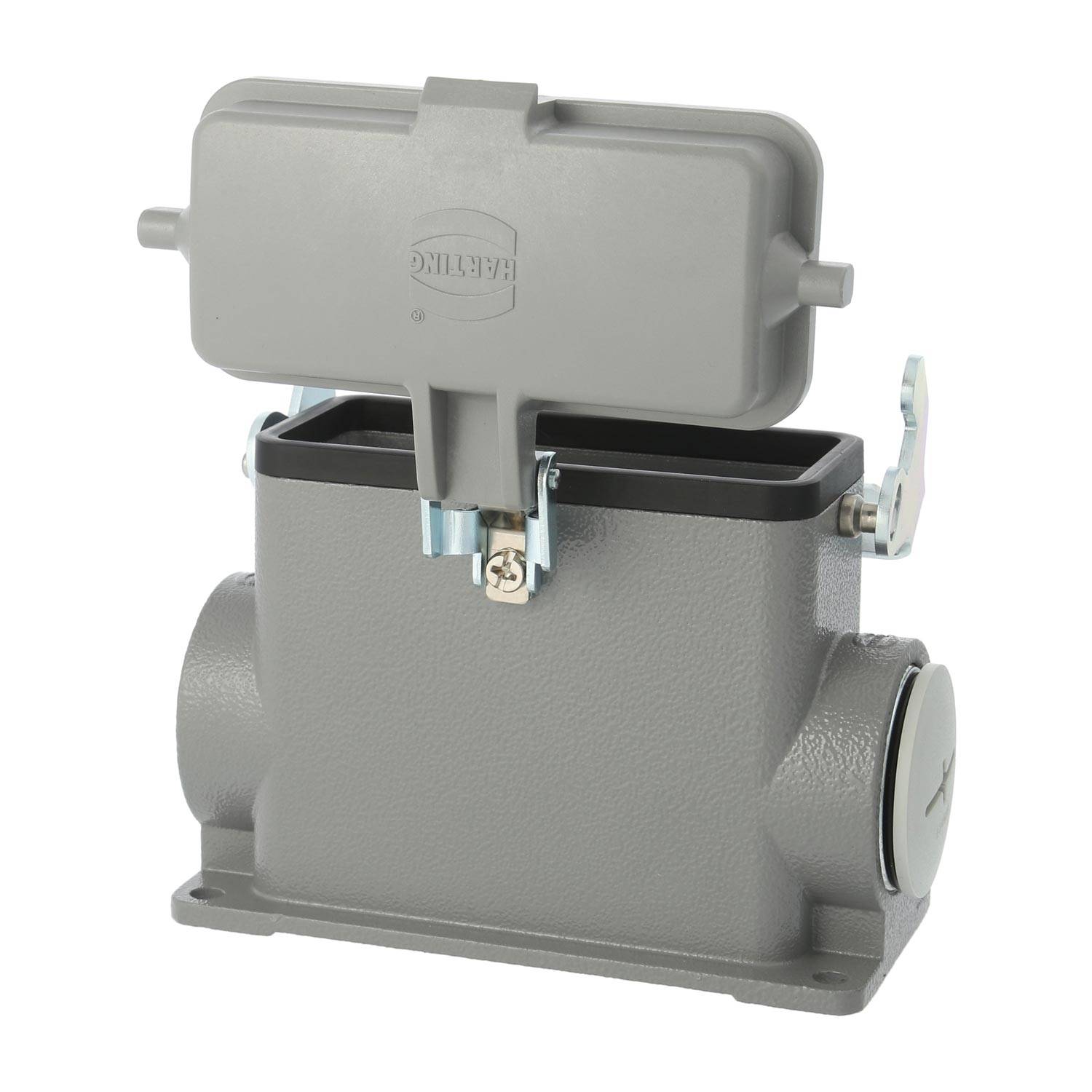 Grauer industrieller Elektroverbinder mit geöffnetem Schutzdeckel, der die Innenverbindungen freilegt. Für robuste Umgebungen konzipiert.