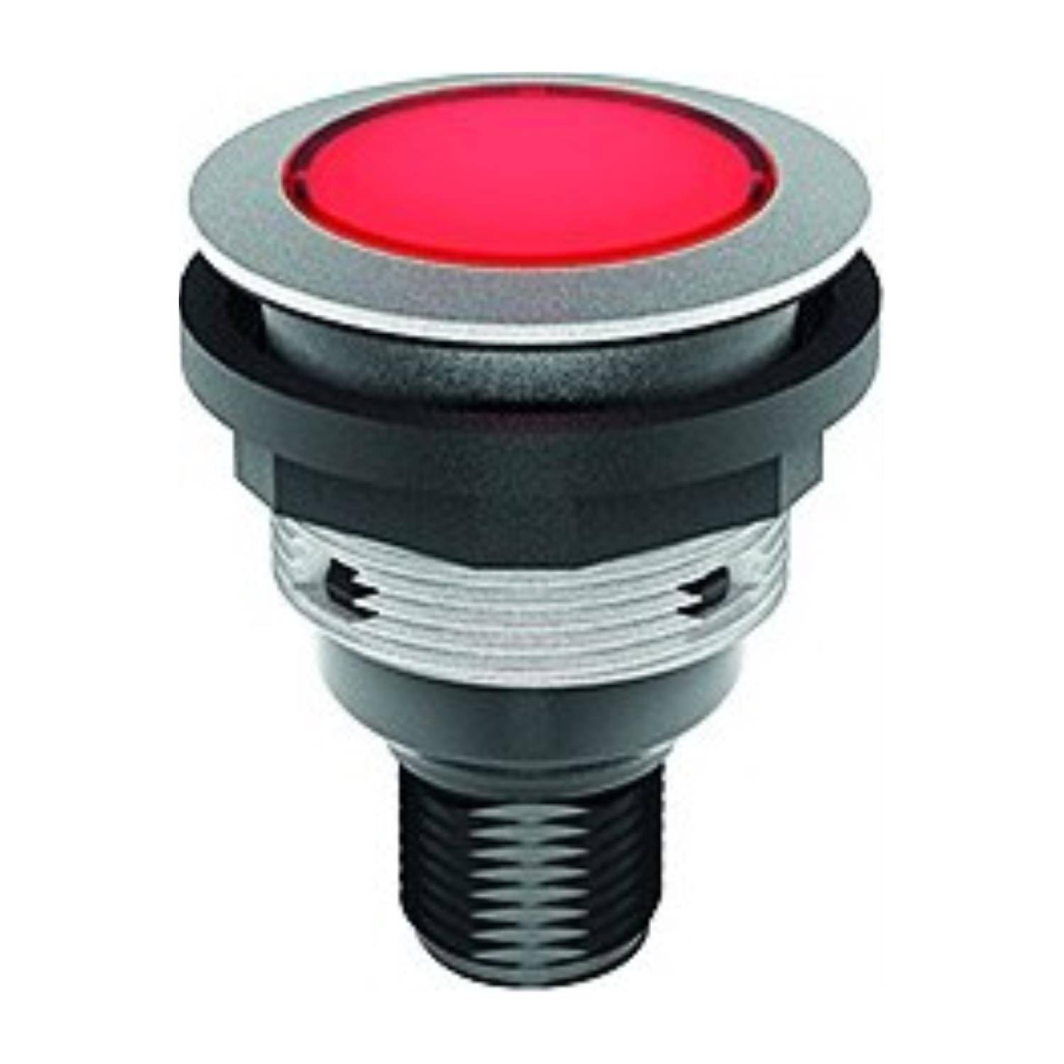 Ein roter Druckschalter mit metallischem Rand und Gewindelocheinsatz, geeignet für industrielle Steuerungstafeln oder elektronische Projekte.