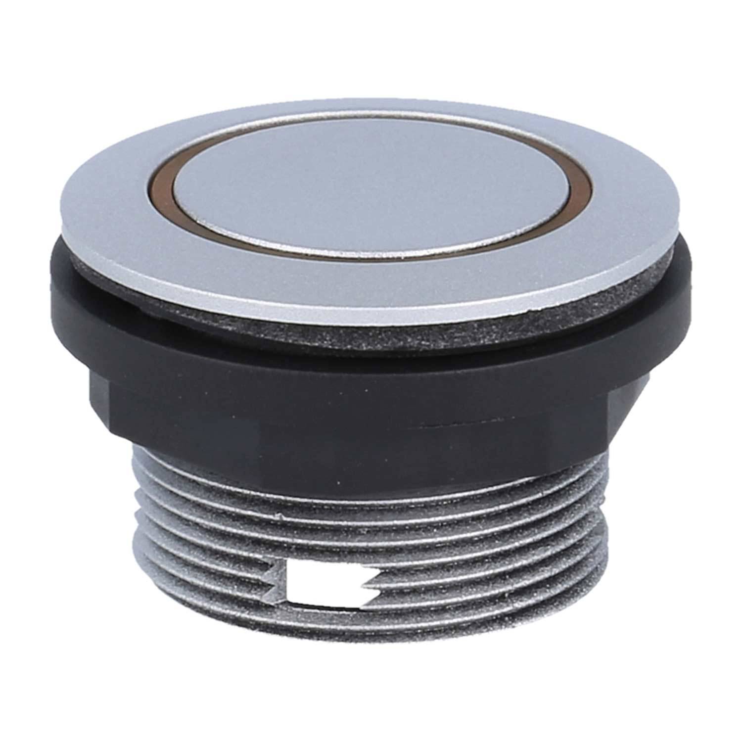 Runder Metall-Drucktastenschalter mit schwarzem Sockel und Gewindestift, verwendet für elektronische Geräte und Maschinensteuerung.