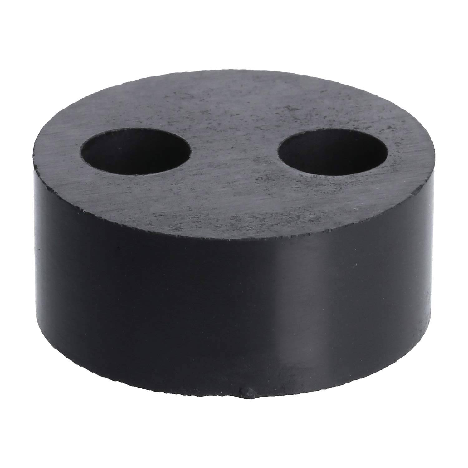 Ein runder, schwarzer Gummistopfen mit zwei Löchern wird gezeigt, der typischerweise zum Abdichten oder Abdecken von Öffnungen in verschiedenen Anwendungen verwendet wird.
