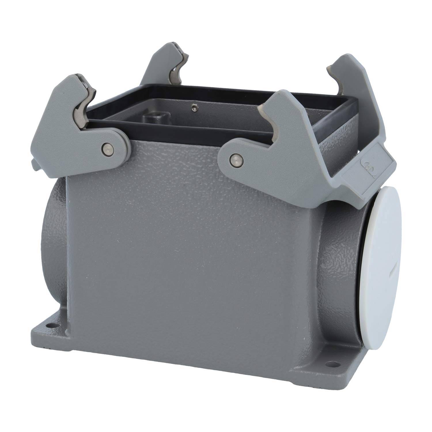 Ein grauer rechteckiger industrieller Anschlussgehäuse mit zwei Klemmhebeln oben und einer seitlichen Montageplatte.