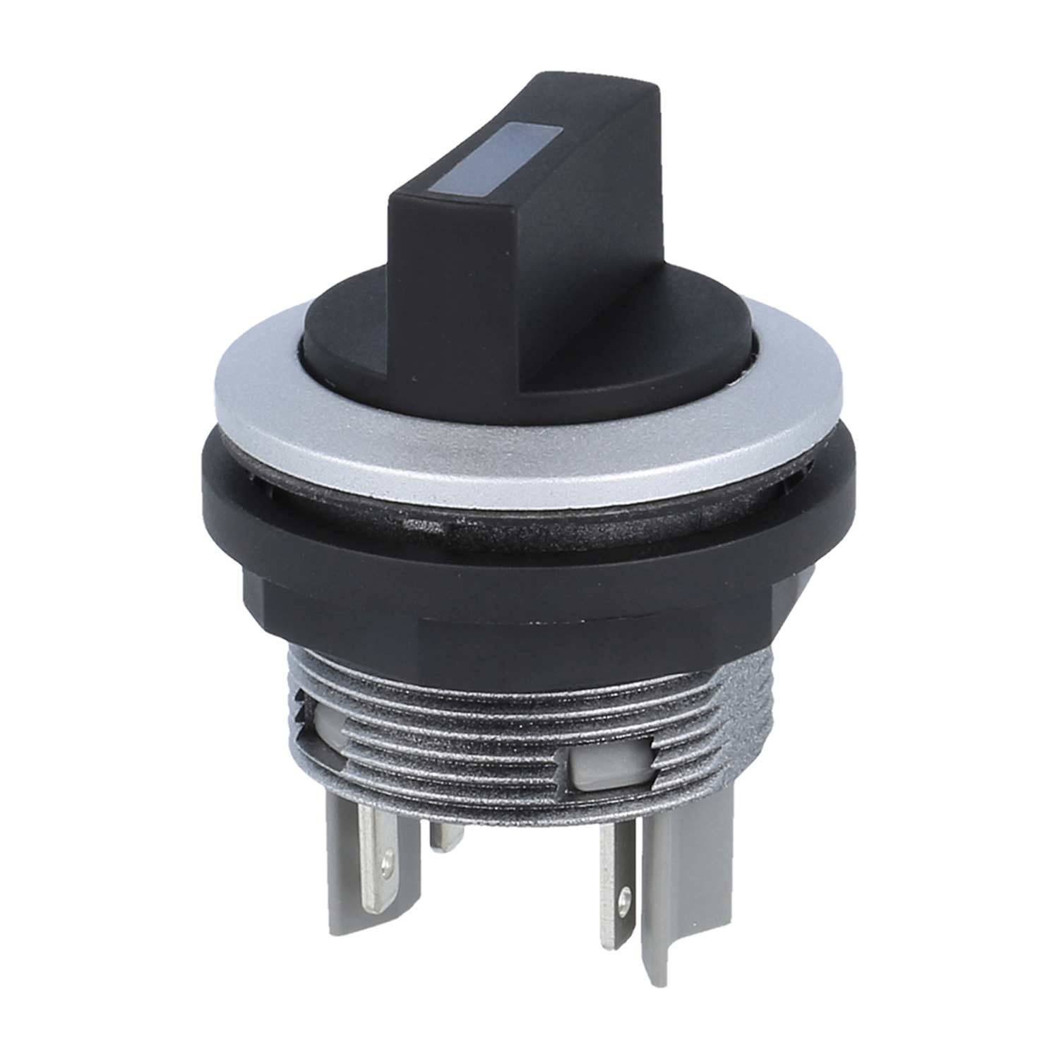 Ein schwarzer und silberner runder Schalter mit einem rechteckigen Griff in aufrechter Position, der metallische Stifte an der Basis für elektrische Verbindungen aufweist.