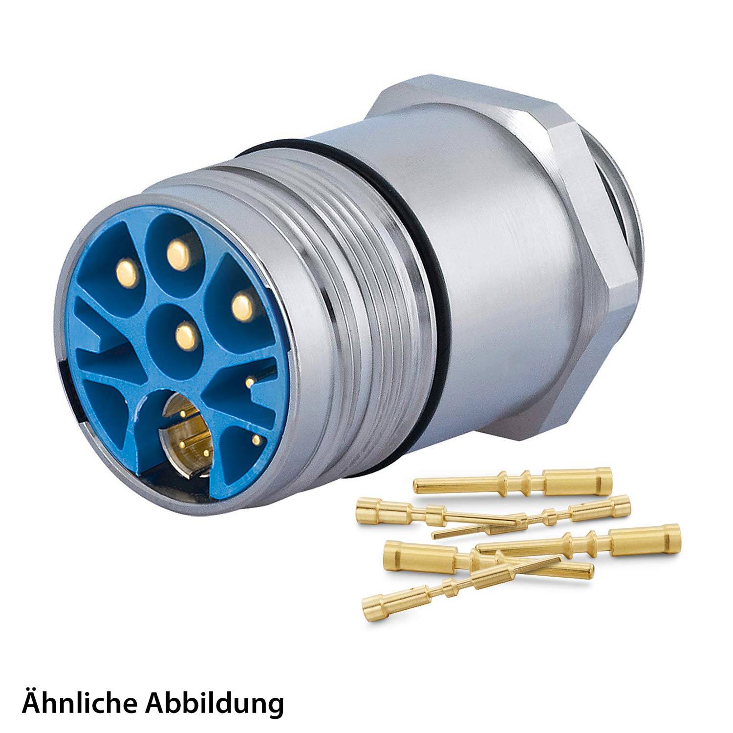 Ähnliche Abbildung', metallischer elektrischer Verbinder mit blauem Innenbereich und goldenen Kontaktstiften, zusammen mit separaten goldenen Kontaktstiften.